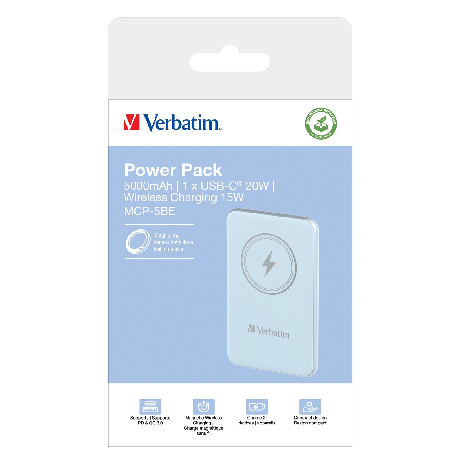 Verbatim Charge 'n' Go Power Bank Wireless Magnetico 5000 mAh Blu - Polimeri di litio (LiPo), Quick Charge 3.0, Ricarica Wireless 15W, Sottile 9.6 mm