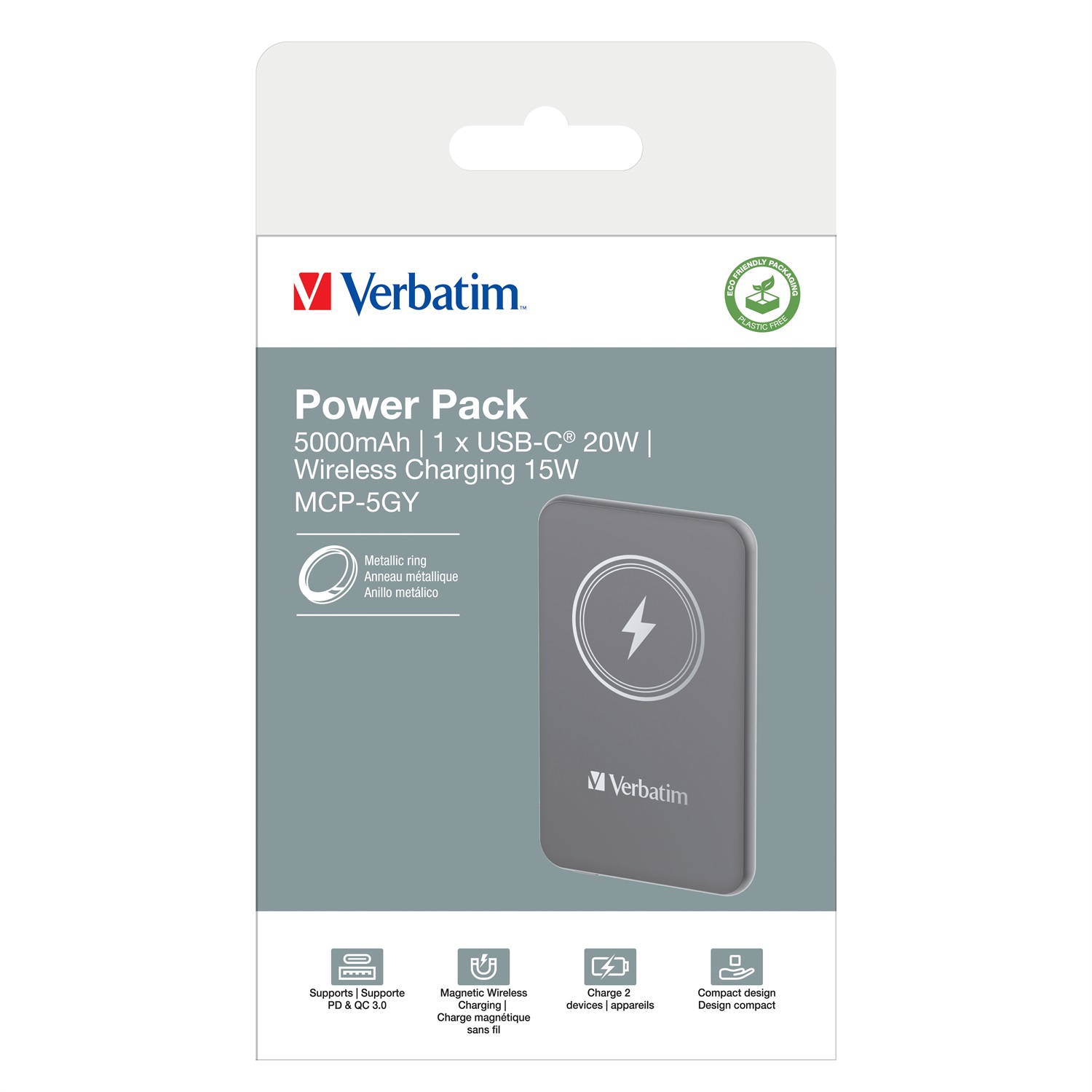 Verbatim Charge 'n' Go Power Bank Magnetico Wireless 5000 mAh, Polimeri di litio (LiPo), Quick Charge 3.0, Grigio