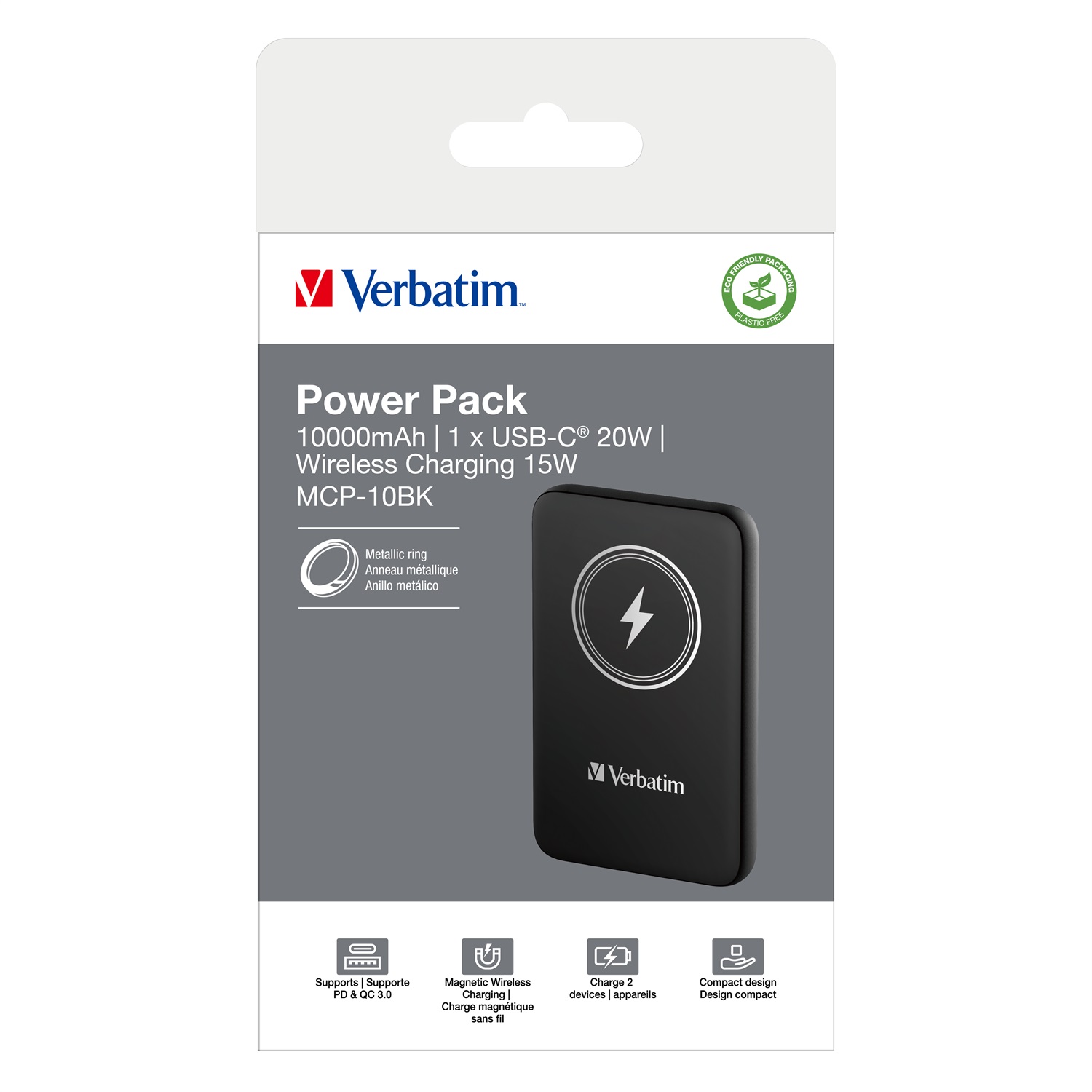 Verbatim Charge 'n' Go Power Bank Magnetico 10000 mAh Polimeri di litio (LiPo) Carica Wireless 15W Quick Charge 3.0 Nero