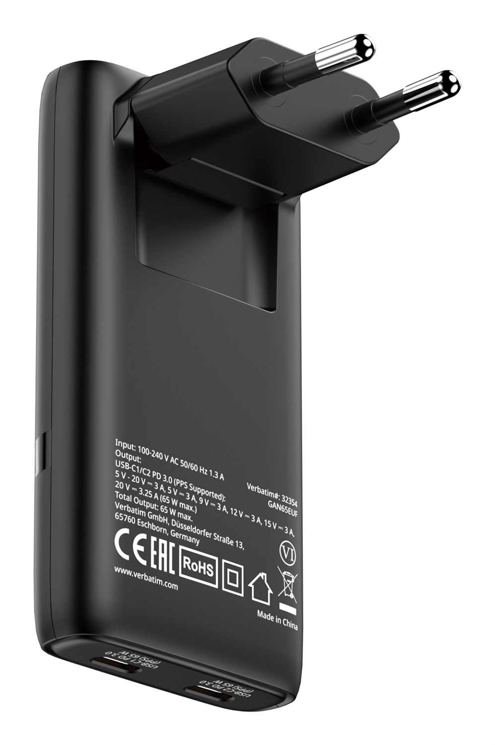 Verbatim Fold 'n' Go GaN Charger 65W - Caricabatterie Pieghevole con 2 Porte USB-C per MacBook, iPhone e Tablet, Nero