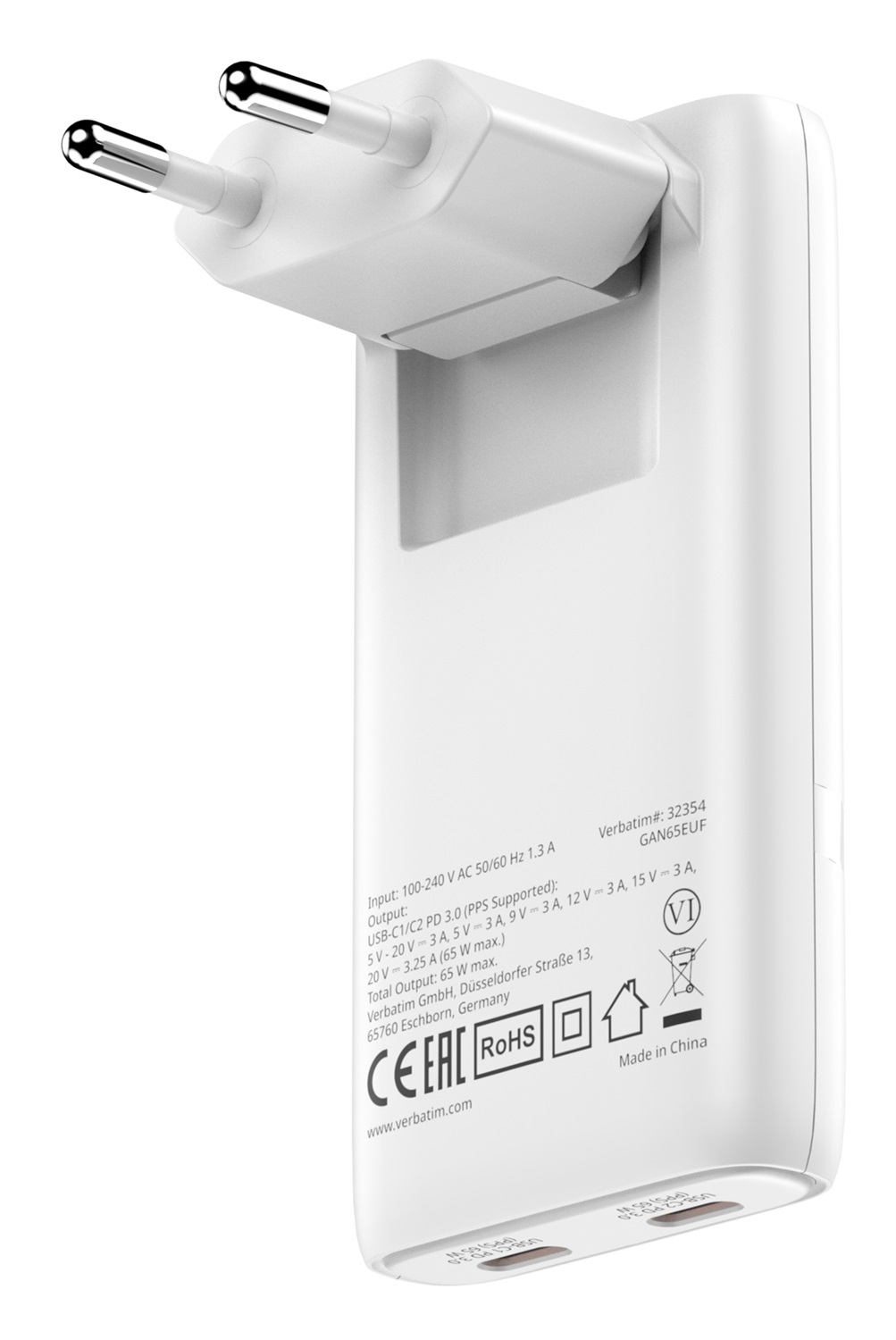 Verbatim Fold 'n' Go GaN Charger 65W - Caricatore Pieghevole con 2 Porte USB-C, Compatibile con MacBook, iPad e iPhone 15-17, Bianco