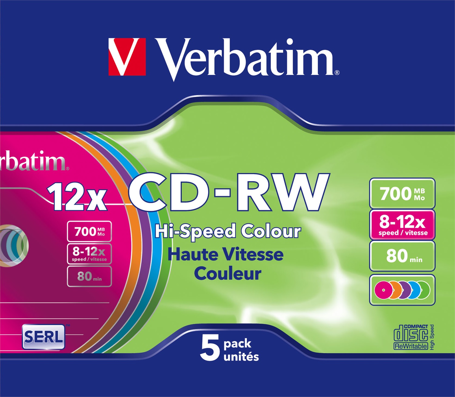 Verbatim CD-RW Riscrivibili 700MB 12x Colorati - Confezione da 5 Pezzi