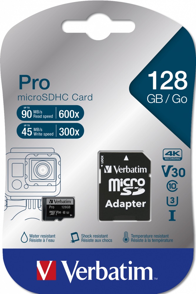 Verbatim Pro 128 GB MicroSDXC UHS-I Classe 10 - Velocità di lettura 90 MB/s, scrittura 45 MB/s, Classe 3 (U3), V30