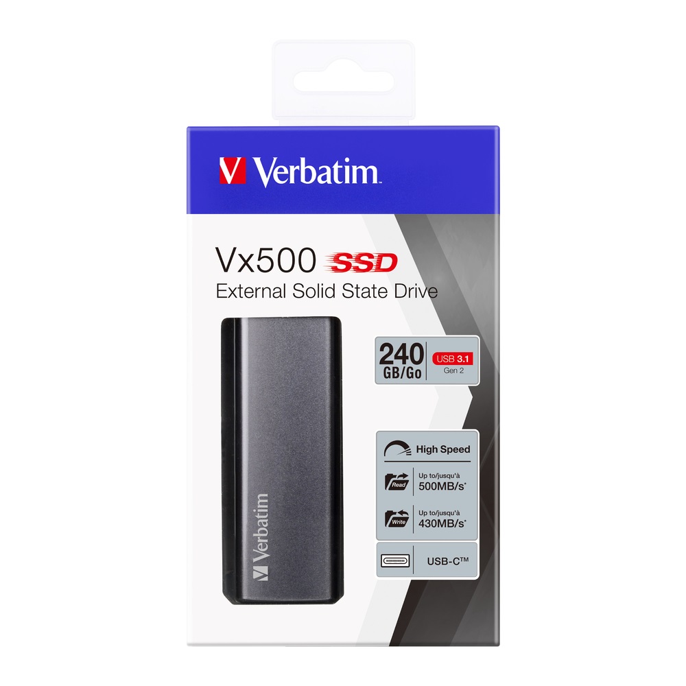 Verbatim SSD Esterno Vx500 - 240 GB - USB tipo-C - 3.2 Gen 2 (3.1 Gen 2) - Velocità fino a 500 MB/s - Argento