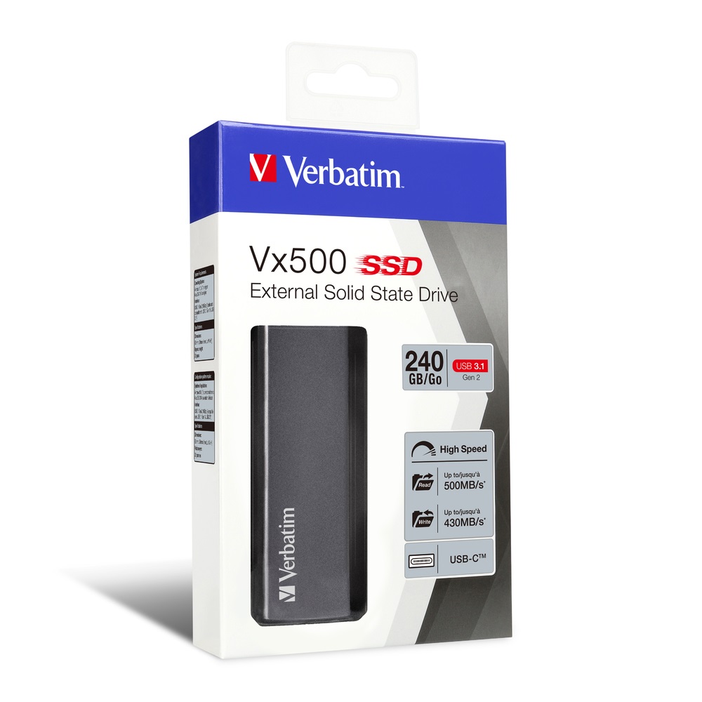 Verbatim SSD Esterno Vx500 - 240 GB - USB tipo-C - 3.2 Gen 2 (3.1 Gen 2) - Velocità fino a 500 MB/s - Argento