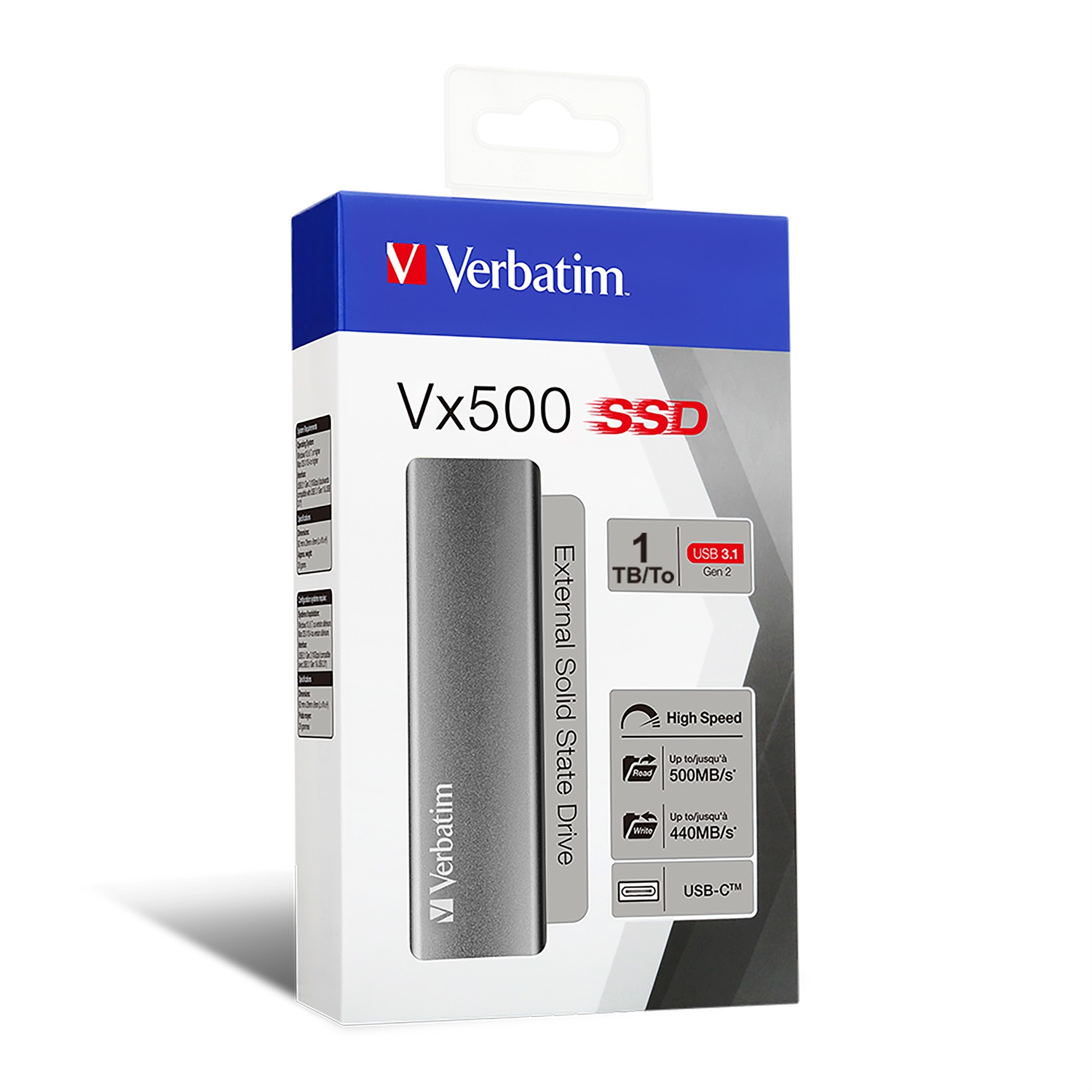 Verbatim Vx500 SSD Esterno 1 TB USB tipo-C 3.2 Gen 2 - Velocità di Lettura 500 MB/s, Scrittura 440 MB/s, Argento