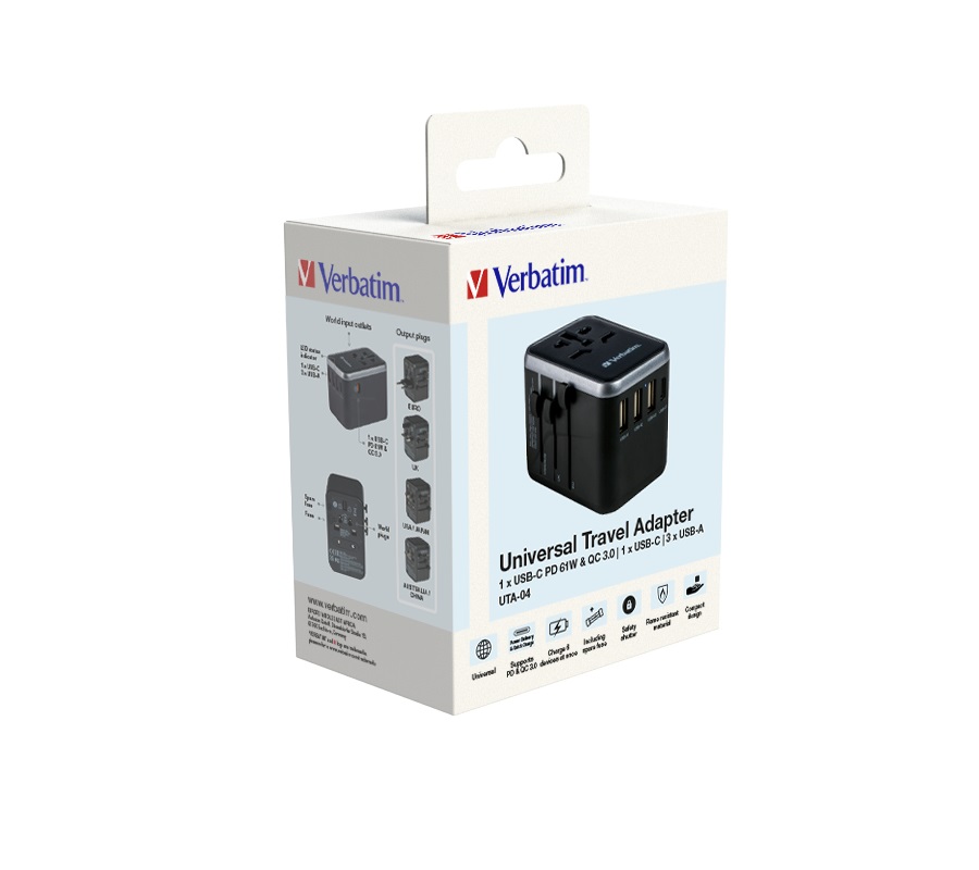 Verbatim UTA-04 Adattatore da Viaggio Universale 6 in 1, Ricarica PD 61W, 3xUSB, 2xType-C, Compatibile in oltre 180 Paesi