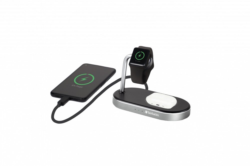 Verbatim WCS-02 Caricabatterie Wireless 3 in 1 Nero - Ricarica Rapida per iPhone, Apple Watch e Dispositivi Qi