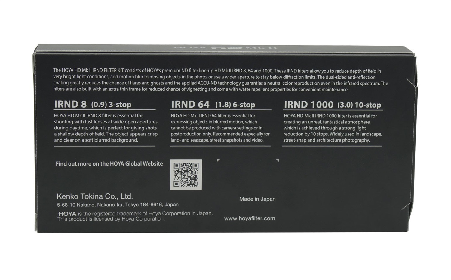 HOYA HD Mk II IRND FILTER KIT - Set di filtri grigi 82mm con IRND8, IRND64, IRND1000 e custodia