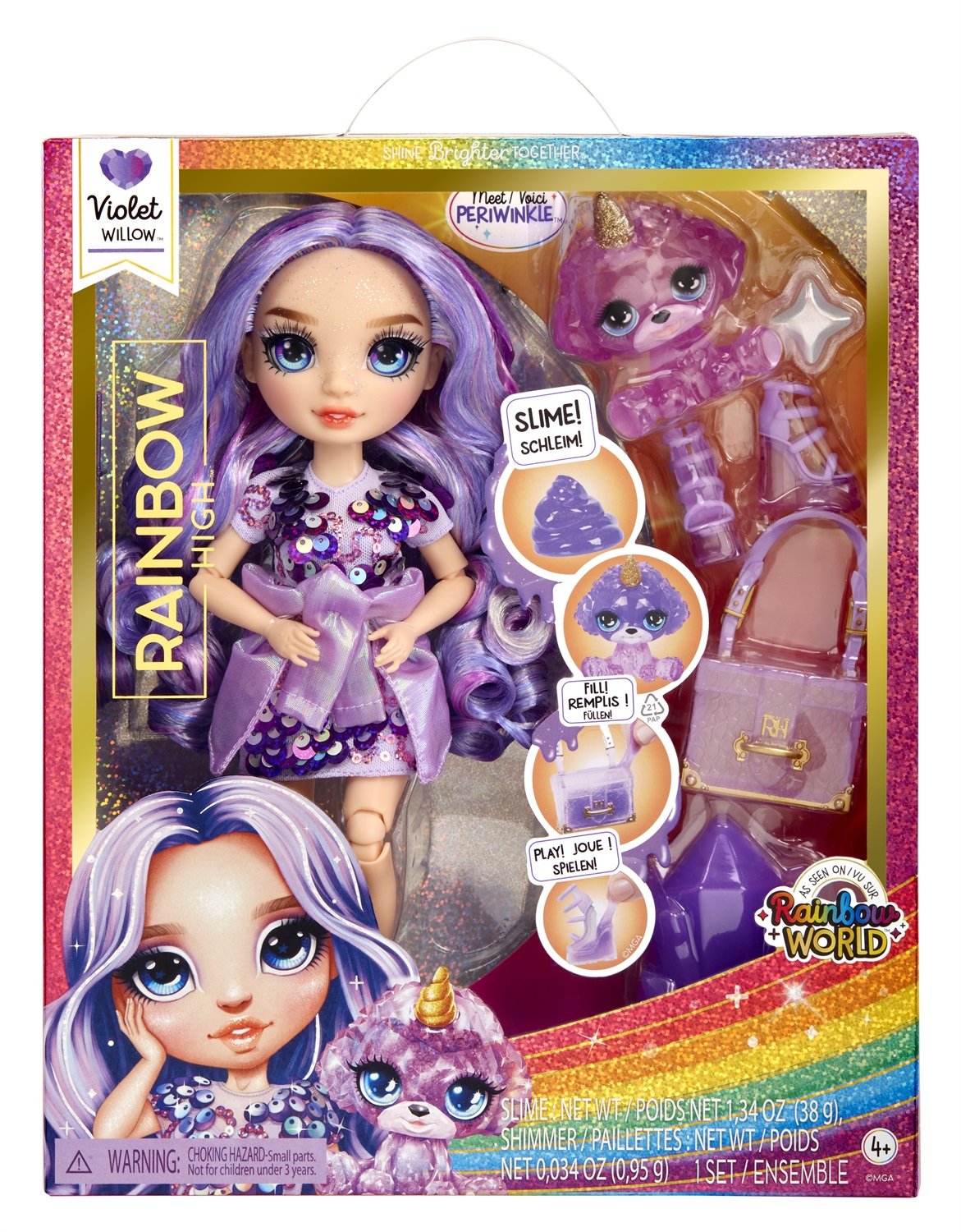 Rainbow High Classic Rainbow Fashion Doll Violet - Bambola Viola da 28 cm con Slime Scintillante, Animale Magico e Accessori Moda