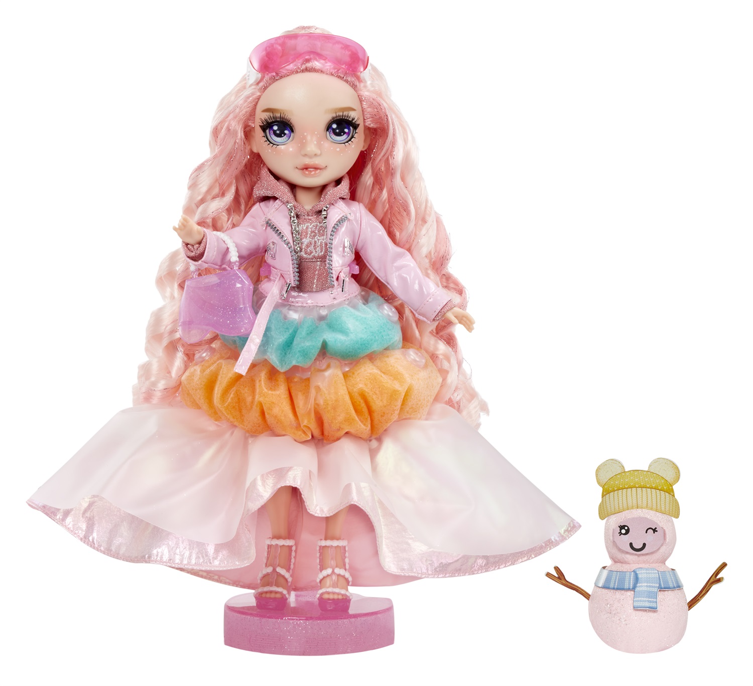 Rainbow High Winter Wonderland - Bella (Rosa) - Bambola fashion da 28 cm con neve magica e kit per pupazzo di neve