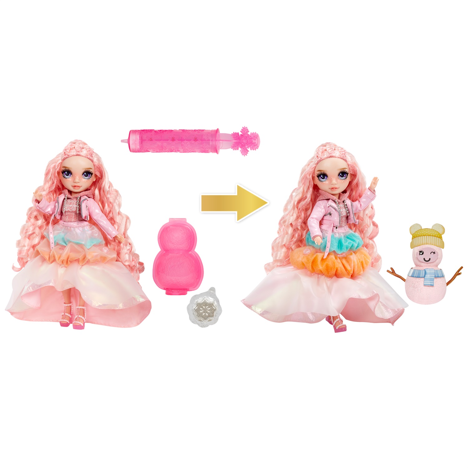 Rainbow High Winter Wonderland - Bella (Rosa) - Bambola fashion da 28 cm con neve magica e kit per pupazzo di neve