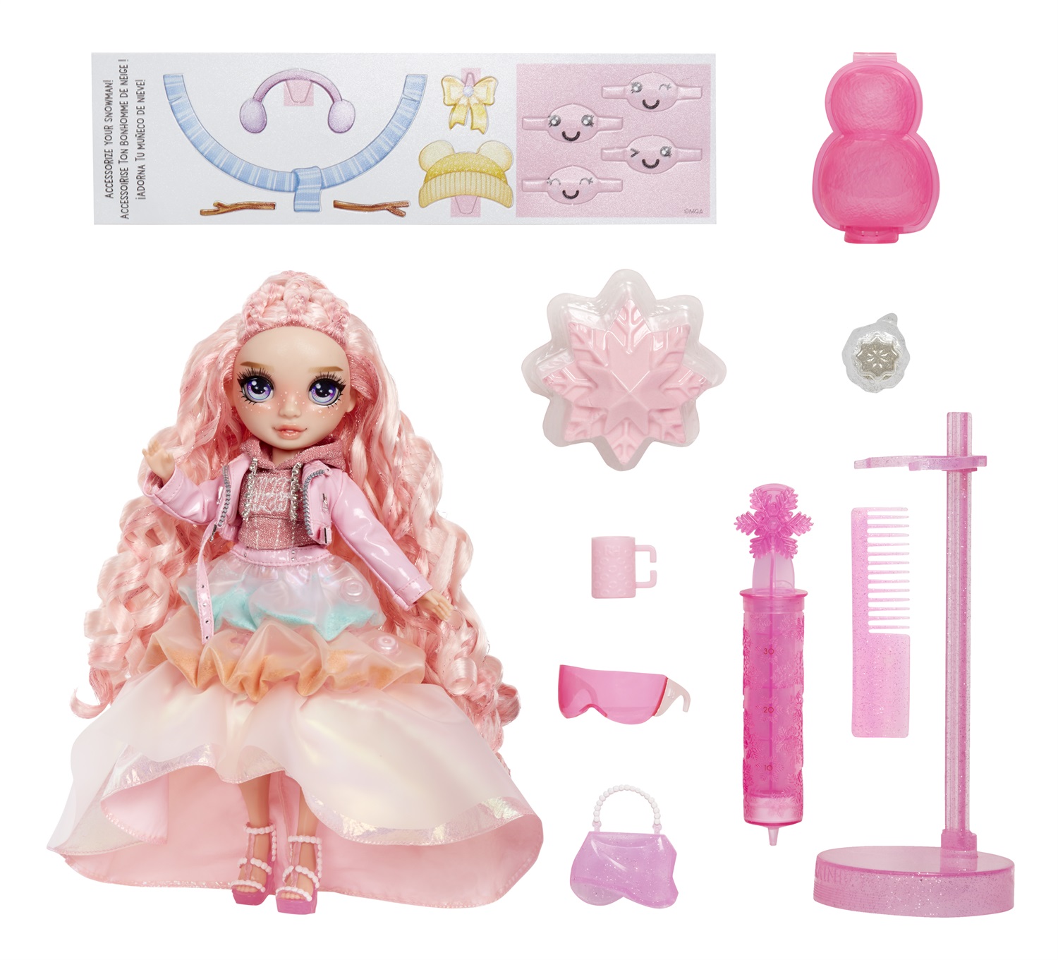 Rainbow High Winter Wonderland - Bella (Rosa) - Bambola fashion da 28 cm con neve magica e kit per pupazzo di neve