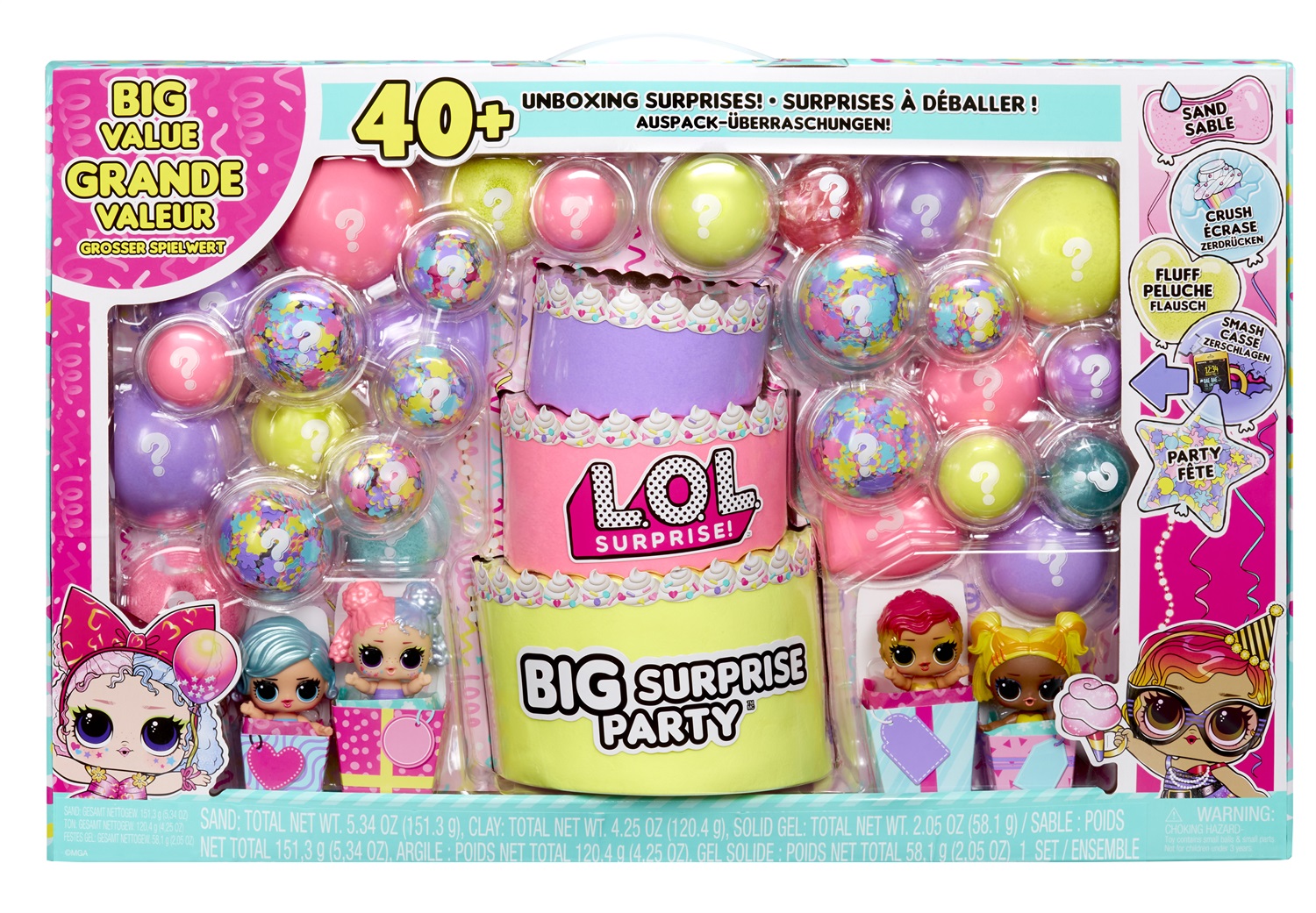 L.O.L. Surprise! Big Surprise Party - 4 Bambole Collezionabili, 40 Sorprese, 5 Esperienze di Unboxing, Abiti, Sabbia, Gel, Pelliccia, Coriandoli, Età 4