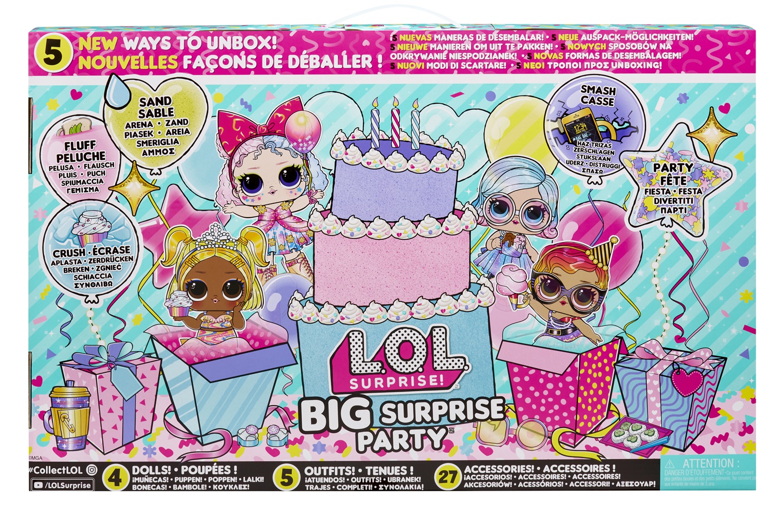 L.O.L. Surprise! Big Surprise Party - 4 Bambole Collezionabili, 40 Sorprese, 5 Esperienze di Unboxing, Abiti, Sabbia, Gel, Pelliccia, Coriandoli, Età 4