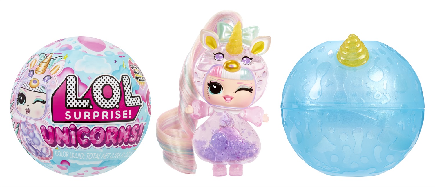 L.O.L. Surprise! Unicorn Tots - Bambola Trasparente con Lampada Lavica, Confezione Cieca, 8 Bambole da Collezionare e 2 Pozioni Colorate, Età 4
