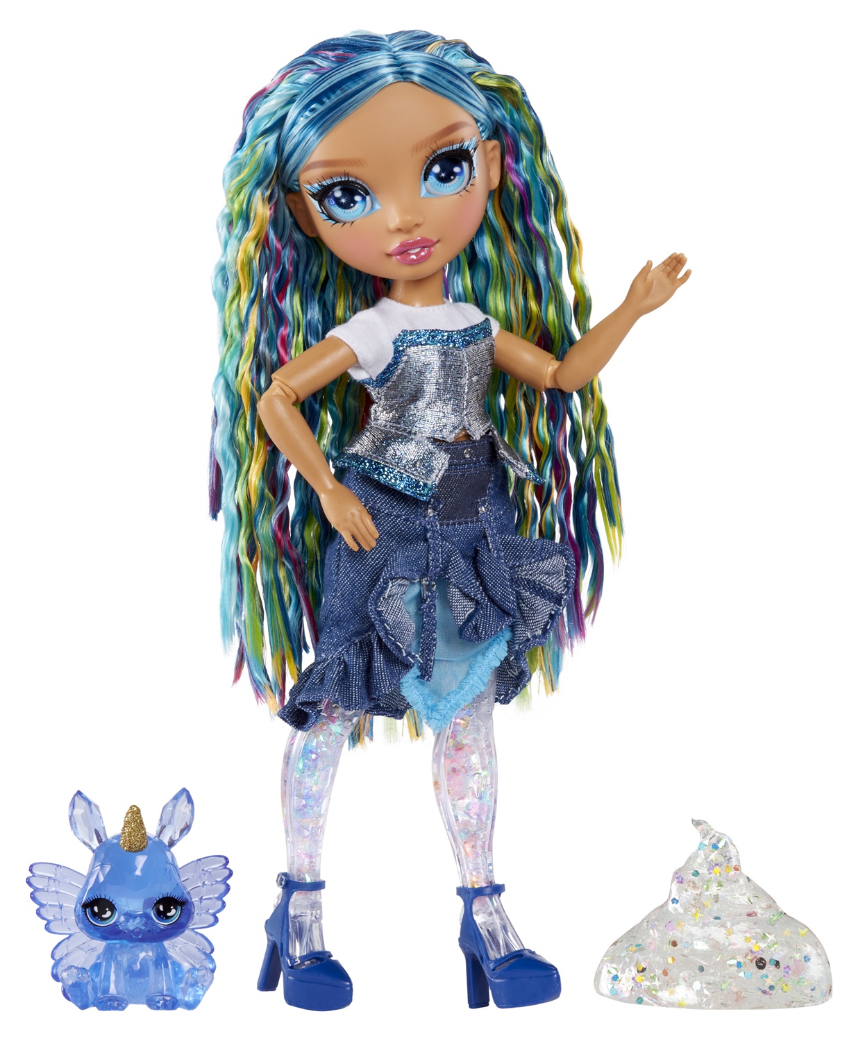 Rainbow High - Skyler, Bambola Fashion Blu di 28 cm con Kit Slime e Coniglietto, Età 4