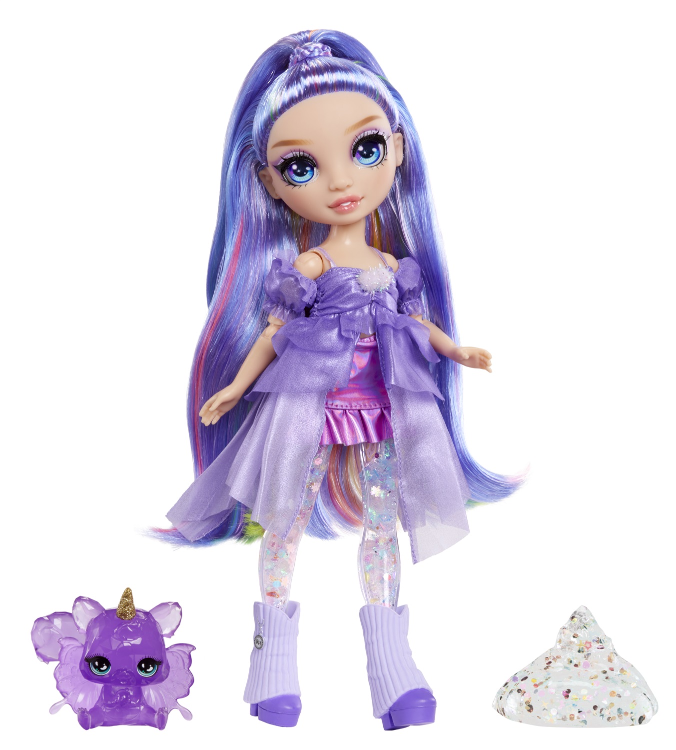 Rainbow High Rainbow Shimmers - Bambola Fashion Violet con Kit Slime e Scoiattolo, 28 cm, Età 4
