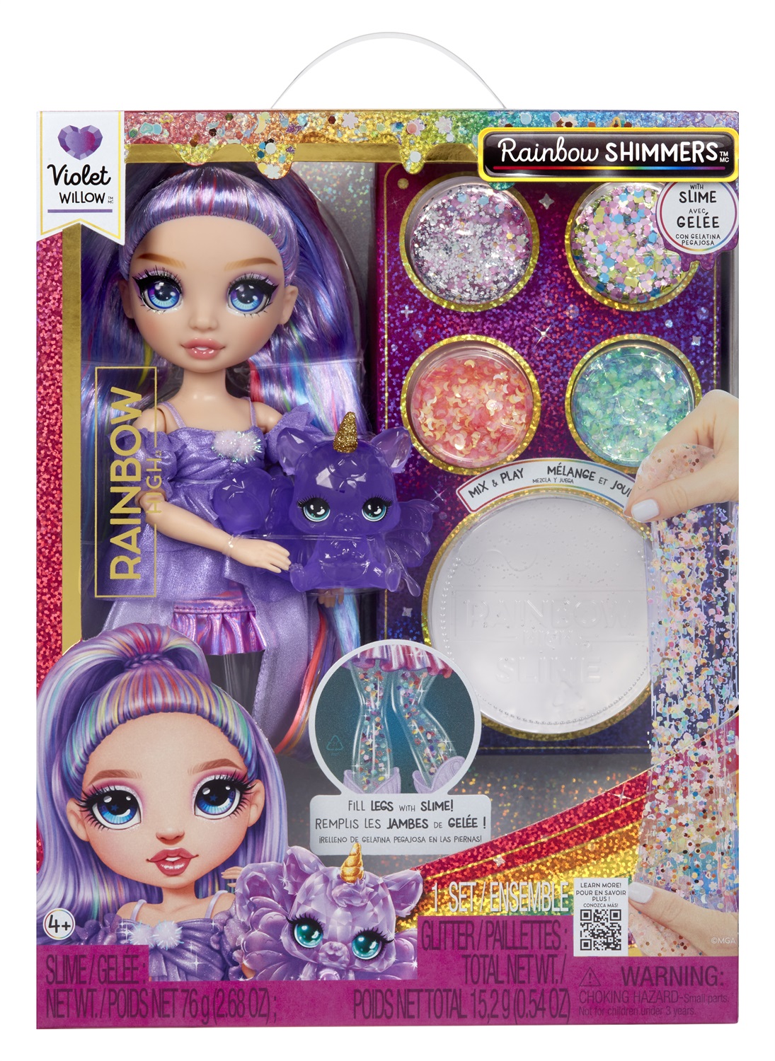 Rainbow High Rainbow Shimmers - Bambola Fashion Violet con Kit Slime e Scoiattolo, 28 cm, Età 4