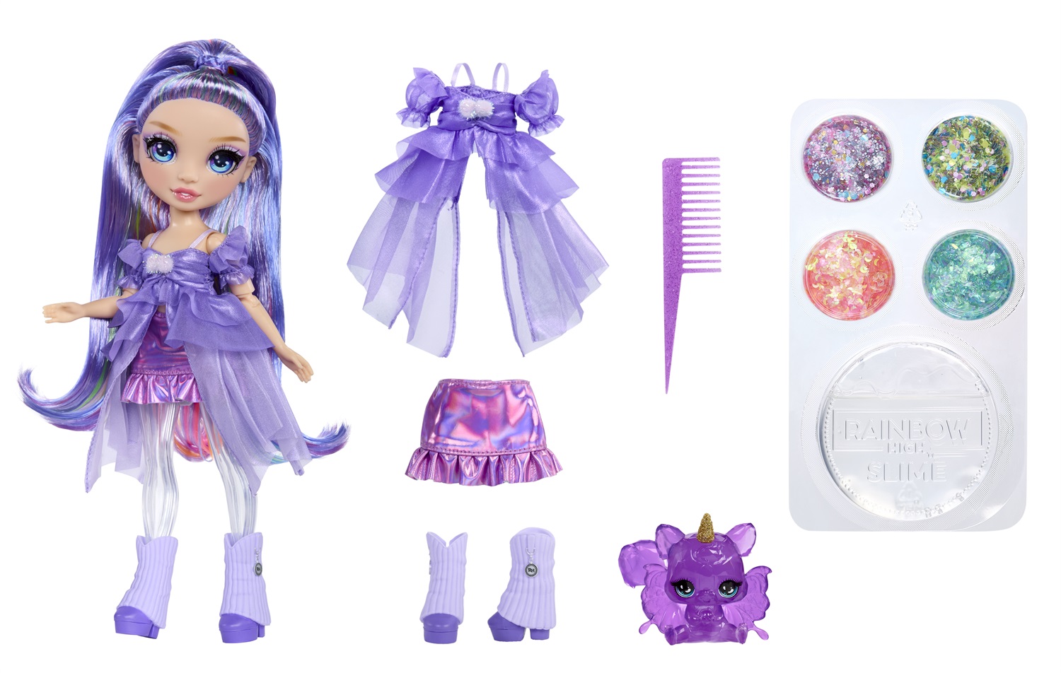Rainbow High Rainbow Shimmers - Bambola Fashion Violet con Kit Slime e Scoiattolo, 28 cm, Età 4