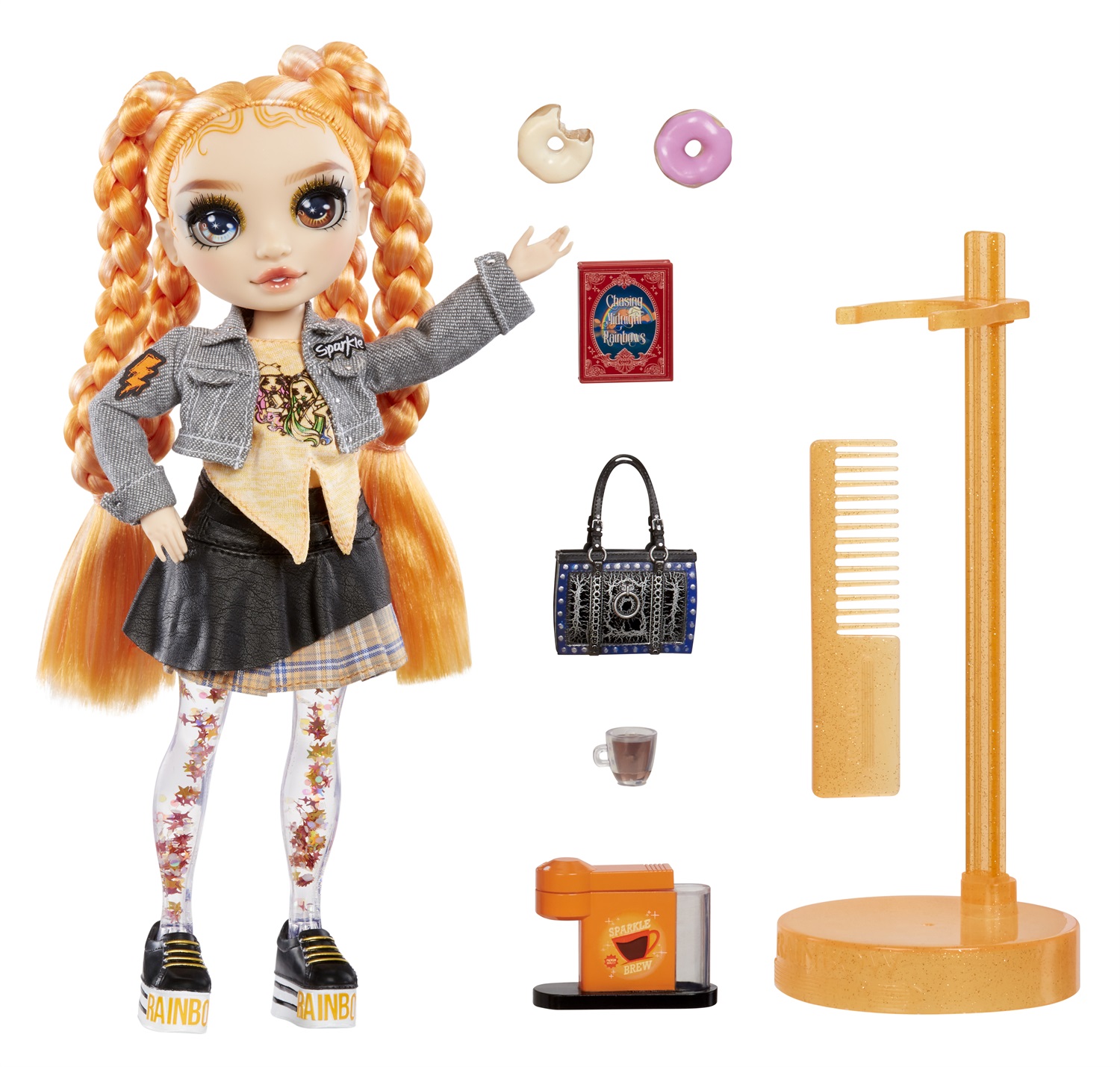 Rainbow High Sparkle & Shine - Bambola Fashion Clementine (Arancione) da 28 cm con Scintille Liquide nelle Gambe, Età 4-12 Anni
