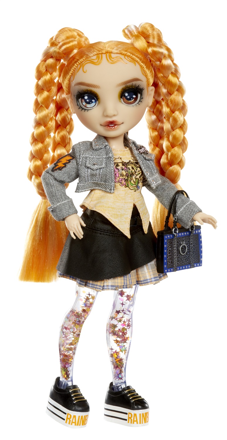 Rainbow High Sparkle & Shine - Bambola Fashion Clementine (Arancione) da 28 cm con Scintille Liquide nelle Gambe, Età 4-12 Anni
