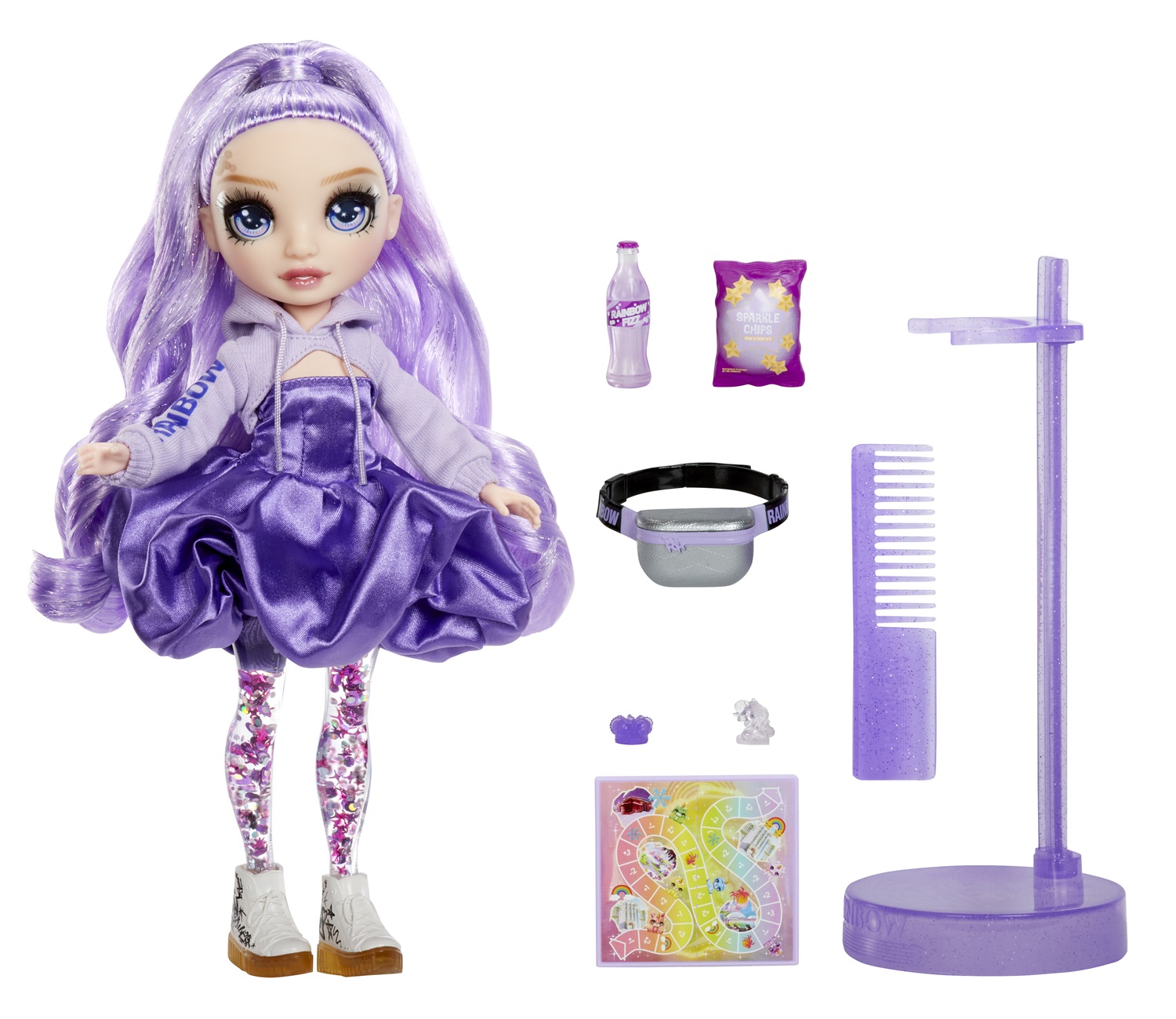 Rainbow High Sparkle & Shine - Bambola Fashion Viola da 28 cm con Scintille Liquide nelle Gambe, Età 4-12 Anni