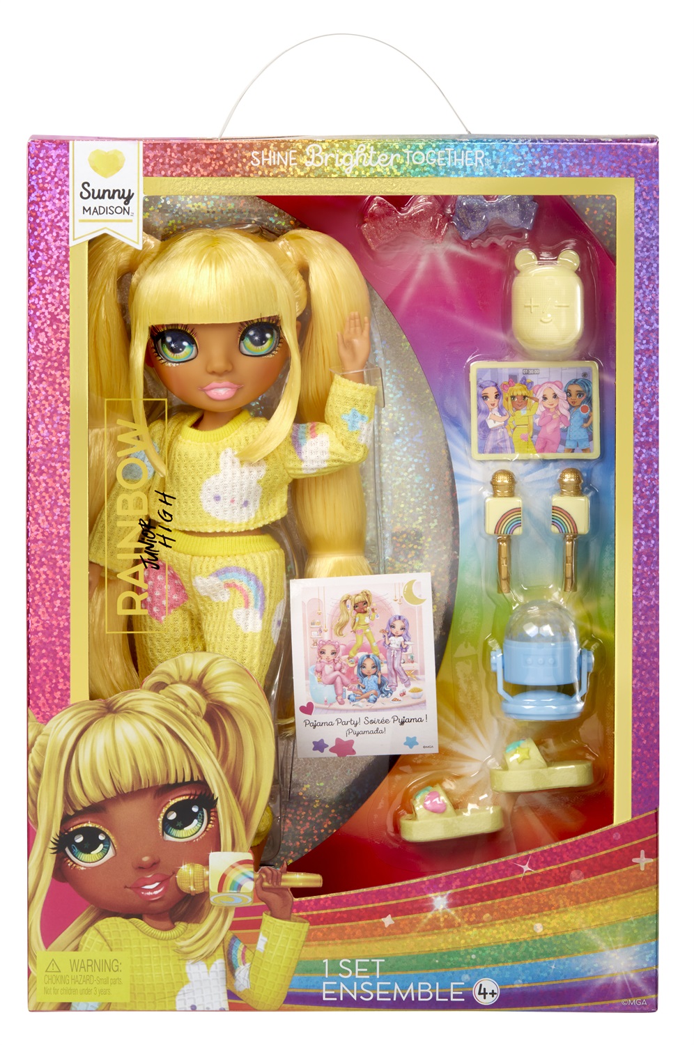 MGA Rainbow High Junior High PJ Party Fashion Doll - Sunny (Giallo) con Pigiama Due Pezzi, Pantofole e Accessori Musicali