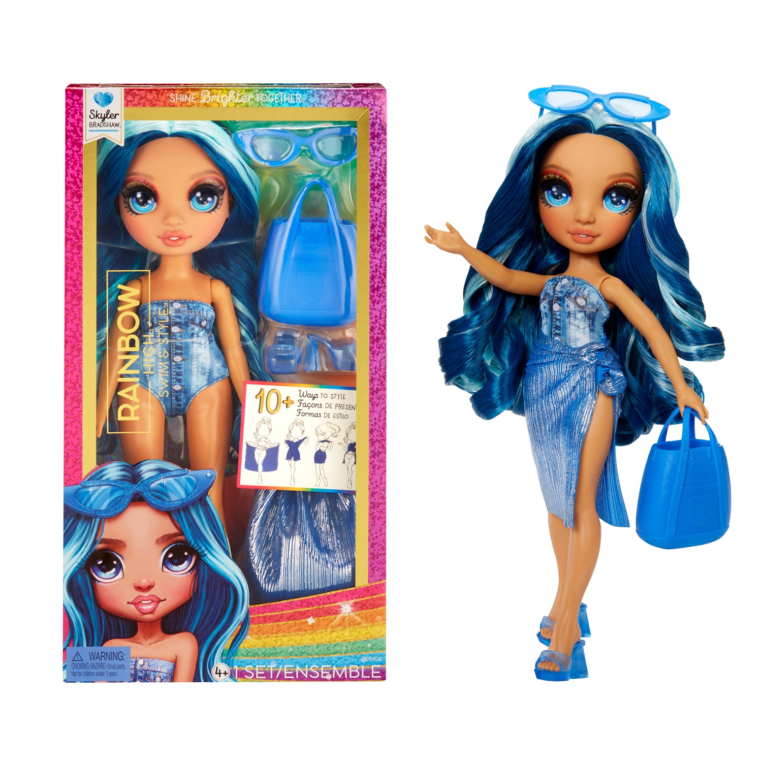 Rainbow High Swim & Style Fashion Doll - Skyler (Blu) - Bambola da 28 cm con Costume da Bagno Rimovibile, Sandali e Oltre 10 Outfit
