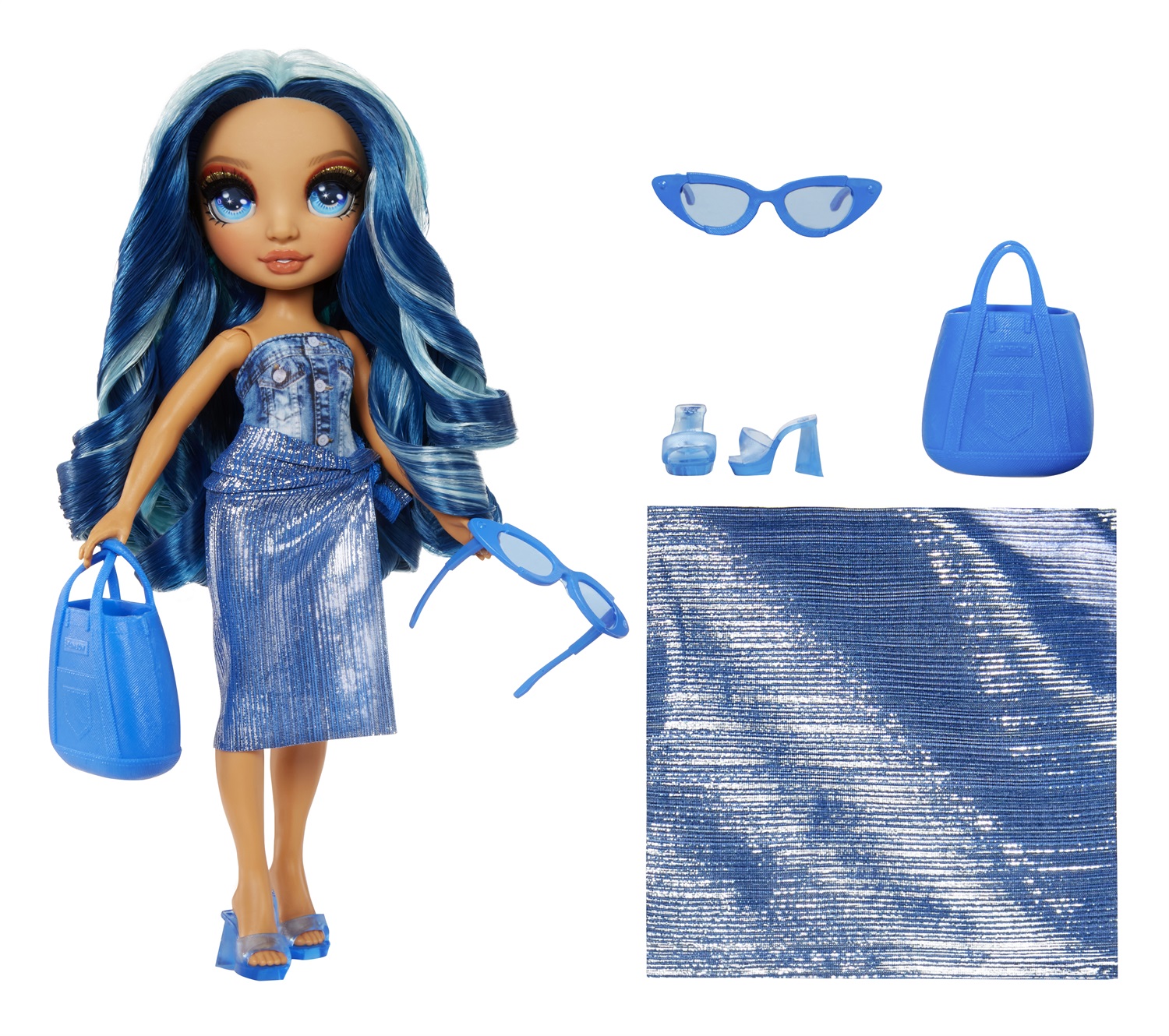 Rainbow High Swim & Style Fashion Doll - Skyler (Blu) - Bambola da 28 cm con Costume da Bagno Rimovibile, Sandali e Oltre 10 Outfit