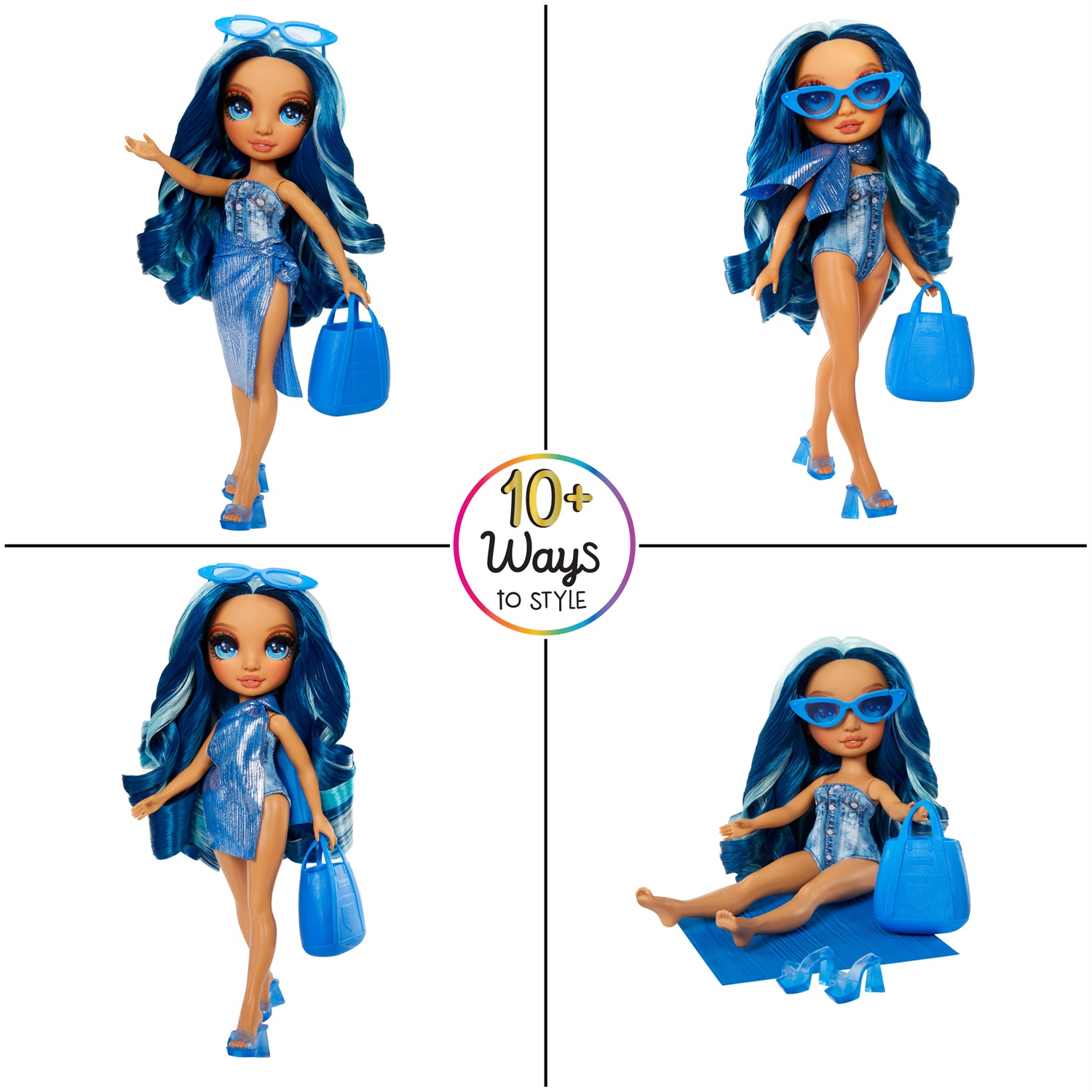 Rainbow High Swim & Style Fashion Doll - Skyler (Blu) - Bambola da 28 cm con Costume da Bagno Rimovibile, Sandali e Oltre 10 Outfit