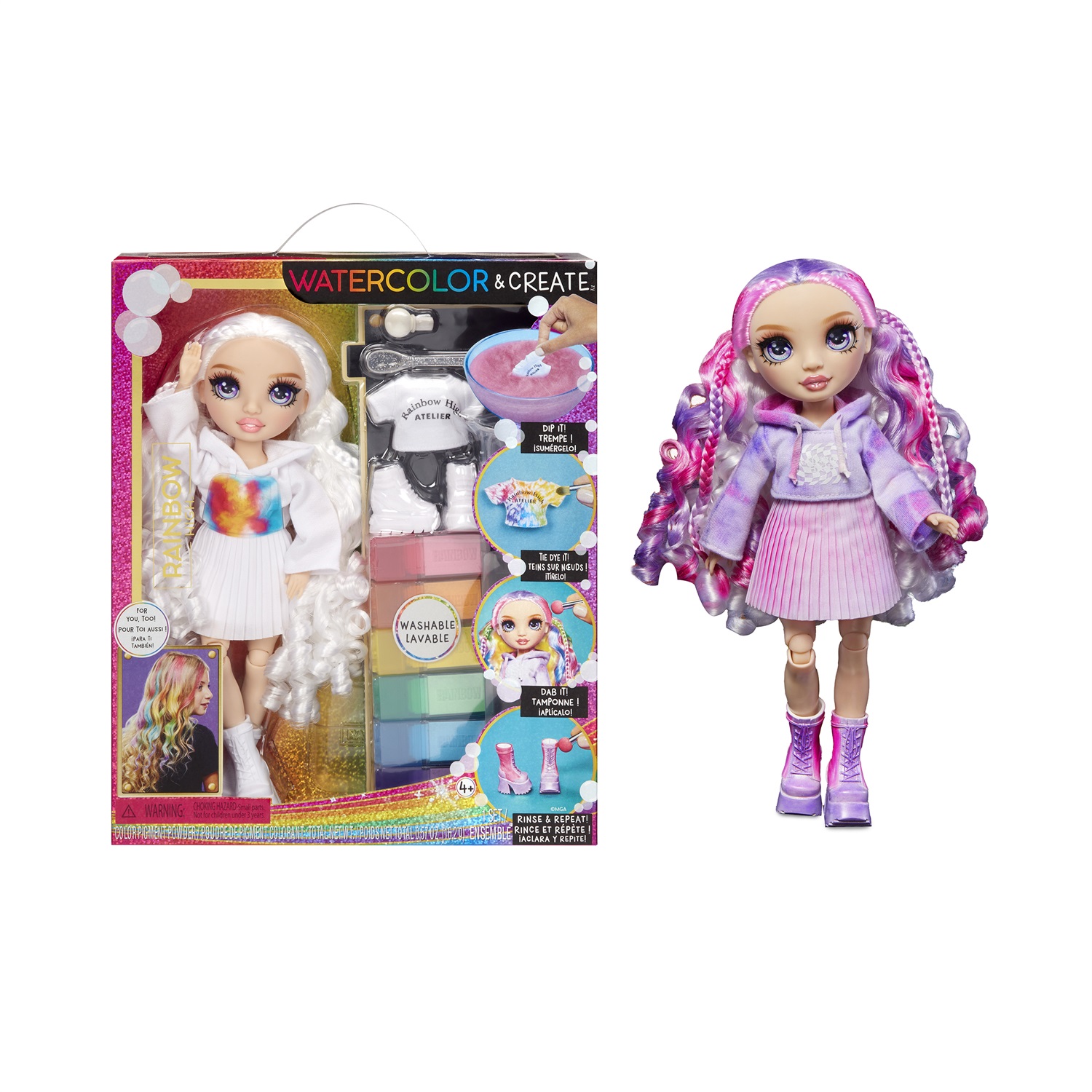 Rainbow High Watercolour & Create DIY Fashion Doll - Occhi Viola, Capelli Ricci, Kit Acquerelli Lavabili e Tie-Dye, Top e Scarpe Extra