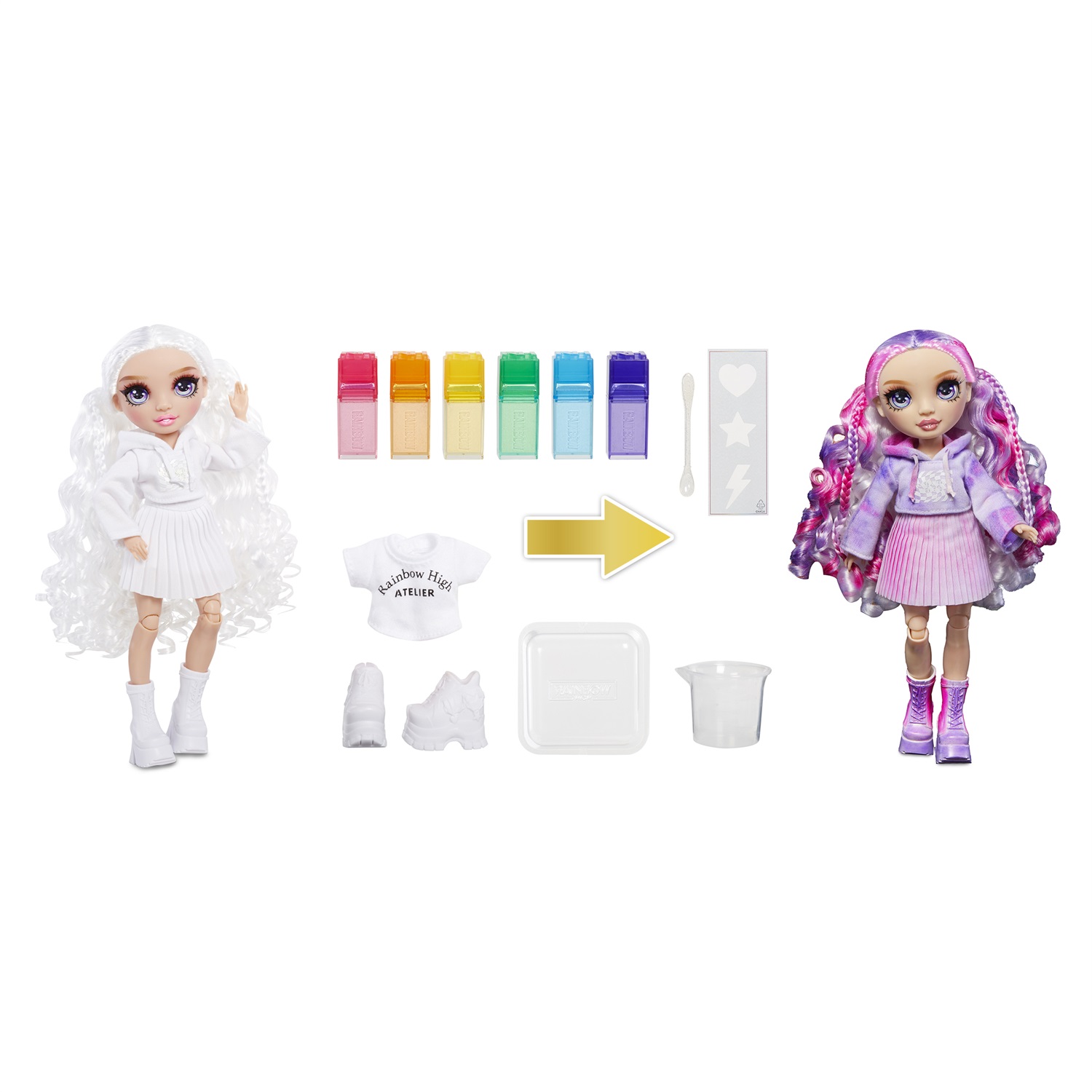 Rainbow High Watercolour & Create DIY Fashion Doll - Occhi Viola, Capelli Ricci, Kit Acquerelli Lavabili e Tie-Dye, Top e Scarpe Extra