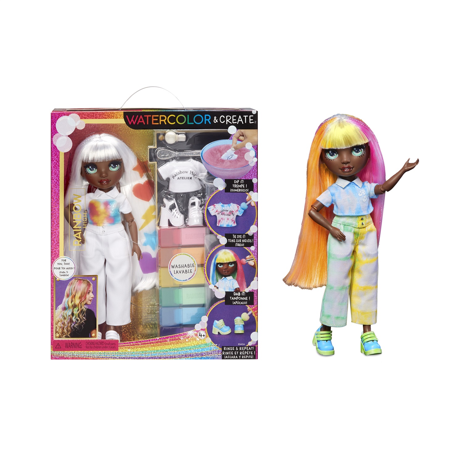 Rainbow High WaterColor & Create DIY Fashion Doll - Occhi Verdi, Acquerelli Lavabili, Top e Scarpe Aggiuntive, Età 4-12