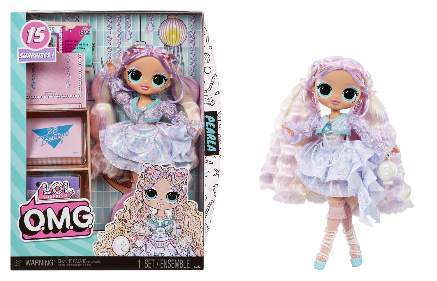 L.O.L. Surprise! OMG Fashion Doll Pearla - Bambola con 15 Sorprese, Abiti e Accessori a Tema Sirena, Età 4