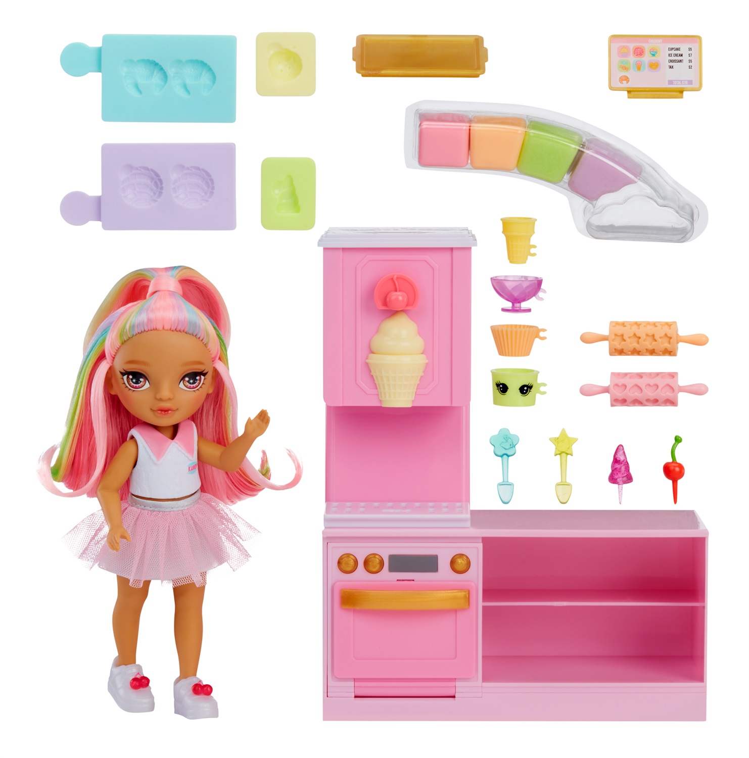 Rainbow High Littles Dessert Shop con Kandy - Playset Creativo con Bambola da 14-15 cm, Impasti Colorati e Dispenser di Gelato per Bambini dai 4 Anni