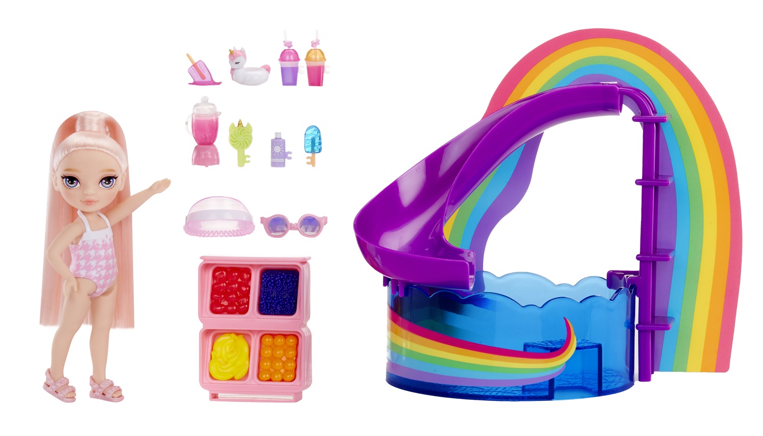 Rainbow High Littles Pool Day Playset con Bambola Rosa da 14 cm, Piscina con Scivolo Arcobaleno e Accessori, Età 4