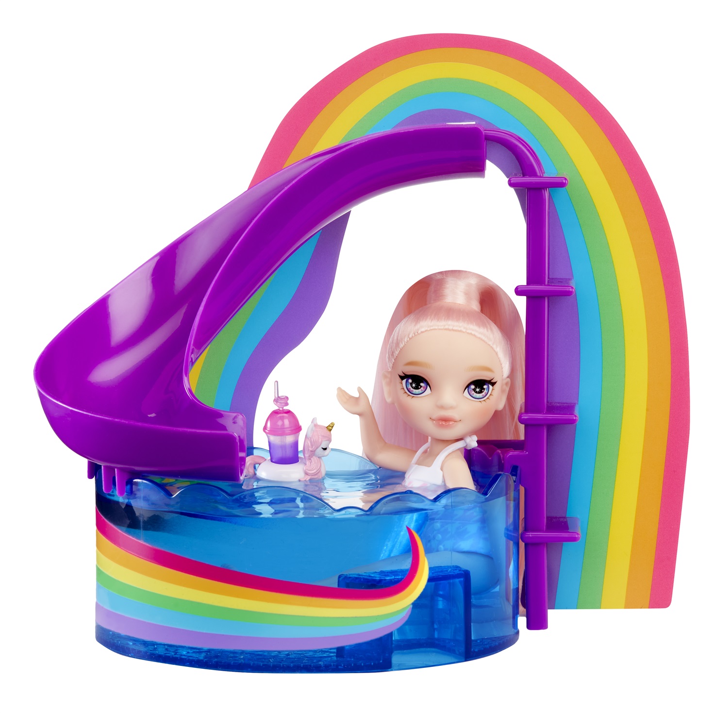 Rainbow High Littles Pool Day Playset con Bambola Rosa da 14 cm, Piscina con Scivolo Arcobaleno e Accessori, Età 4