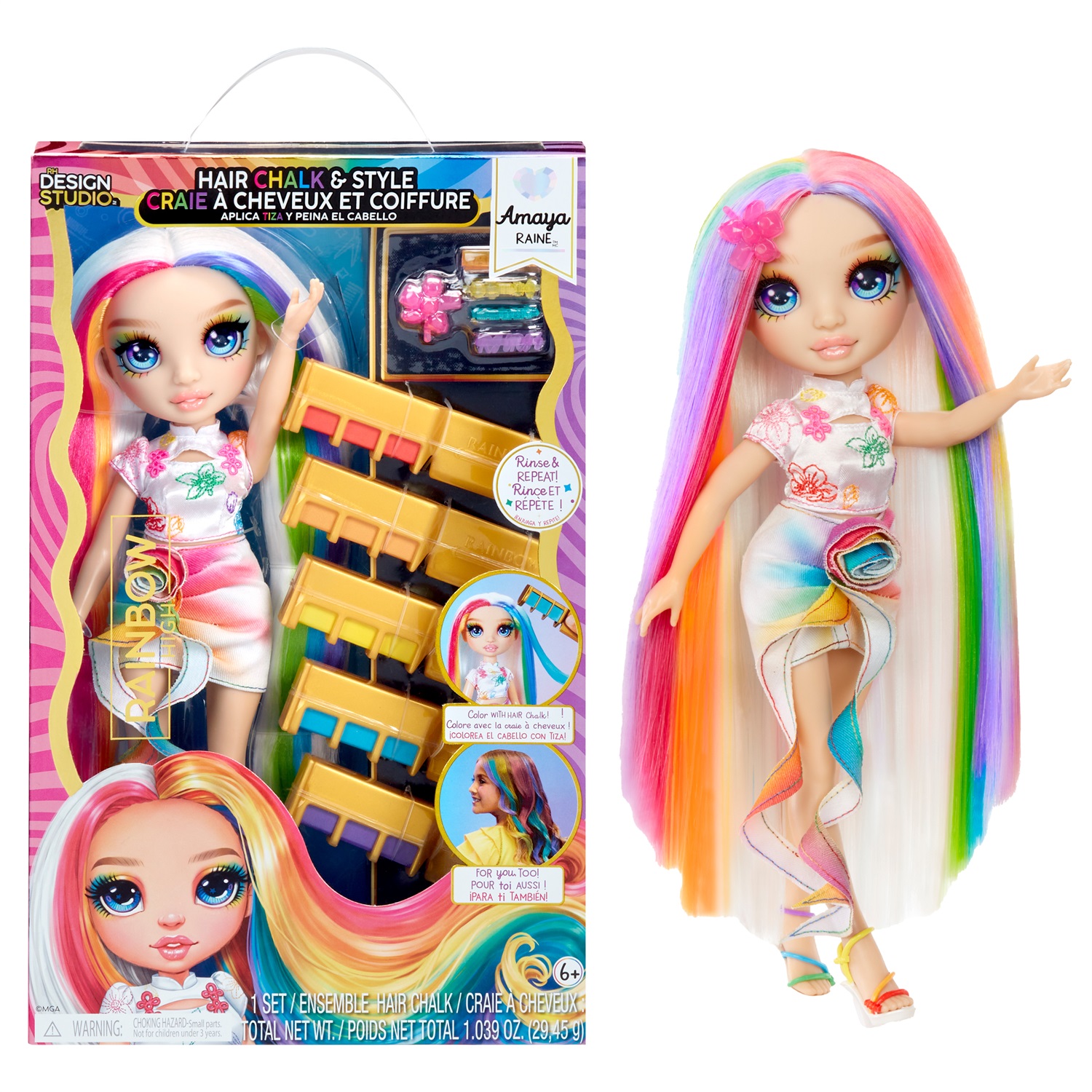 Rainbow High - Bambola Hair Chalk & Style Amaya - 28 cm, Gesso per Capelli Lavabile, Accessori Inclusi, Età 4-12