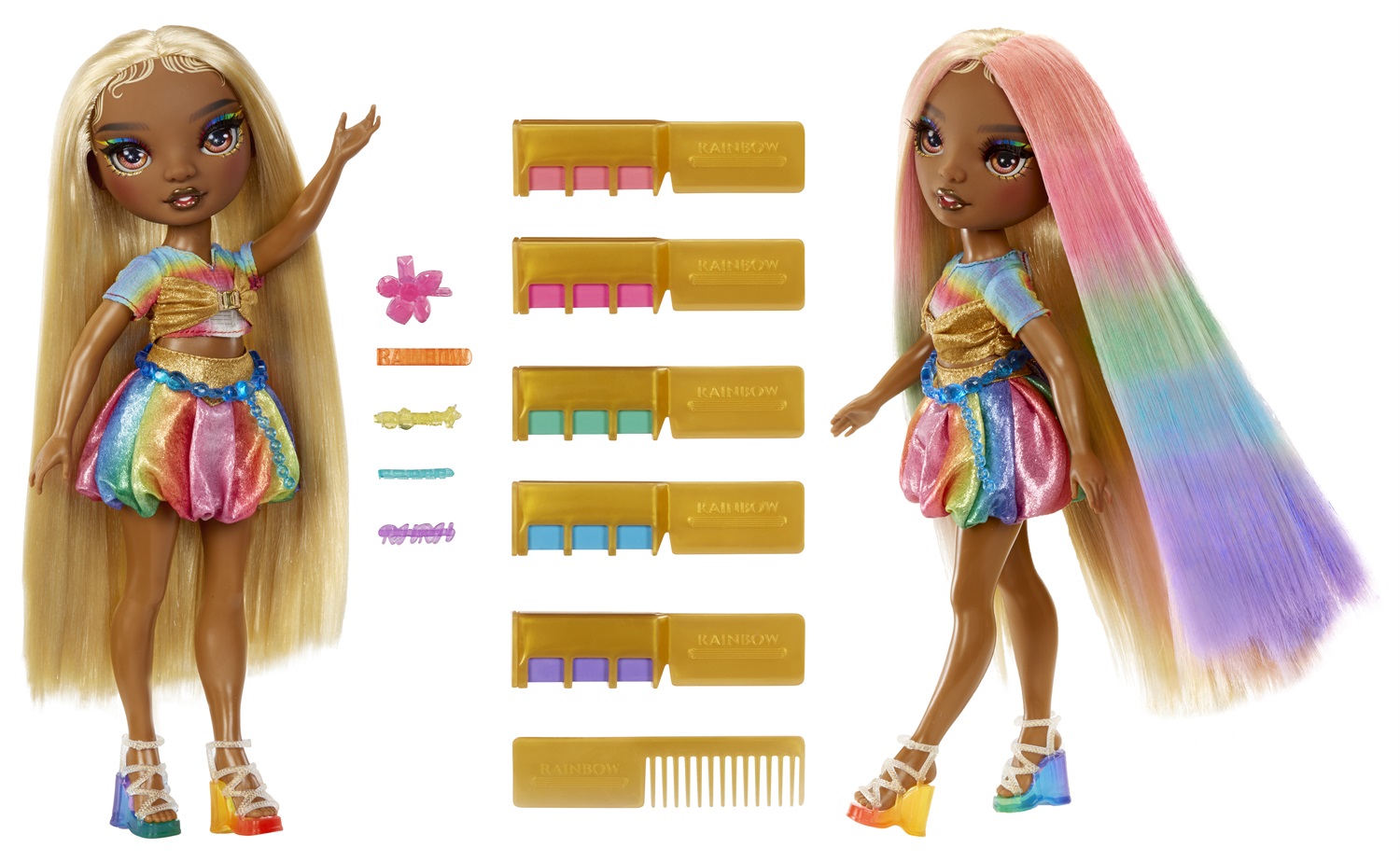 Rainbow High Bambola Hair Chalk & Style - Meline (Gold) - 28 cm, Gesso per Capelli Lavabile, Kit con 5 Gessetti Colorati, Età 4-12