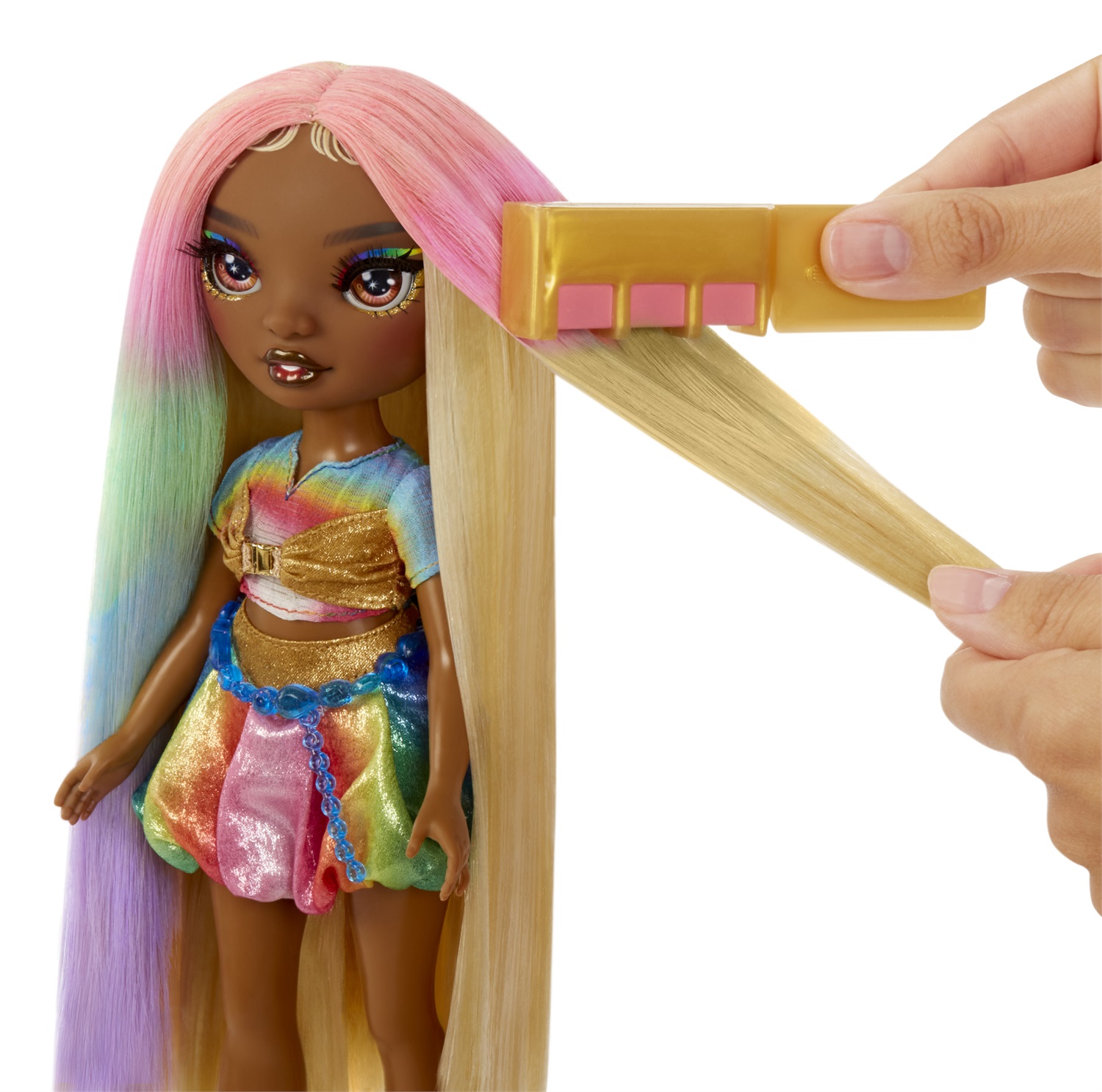 Rainbow High Bambola Hair Chalk & Style - Meline (Gold) - 28 cm, Gesso per Capelli Lavabile, Kit con 5 Gessetti Colorati, Età 4-12