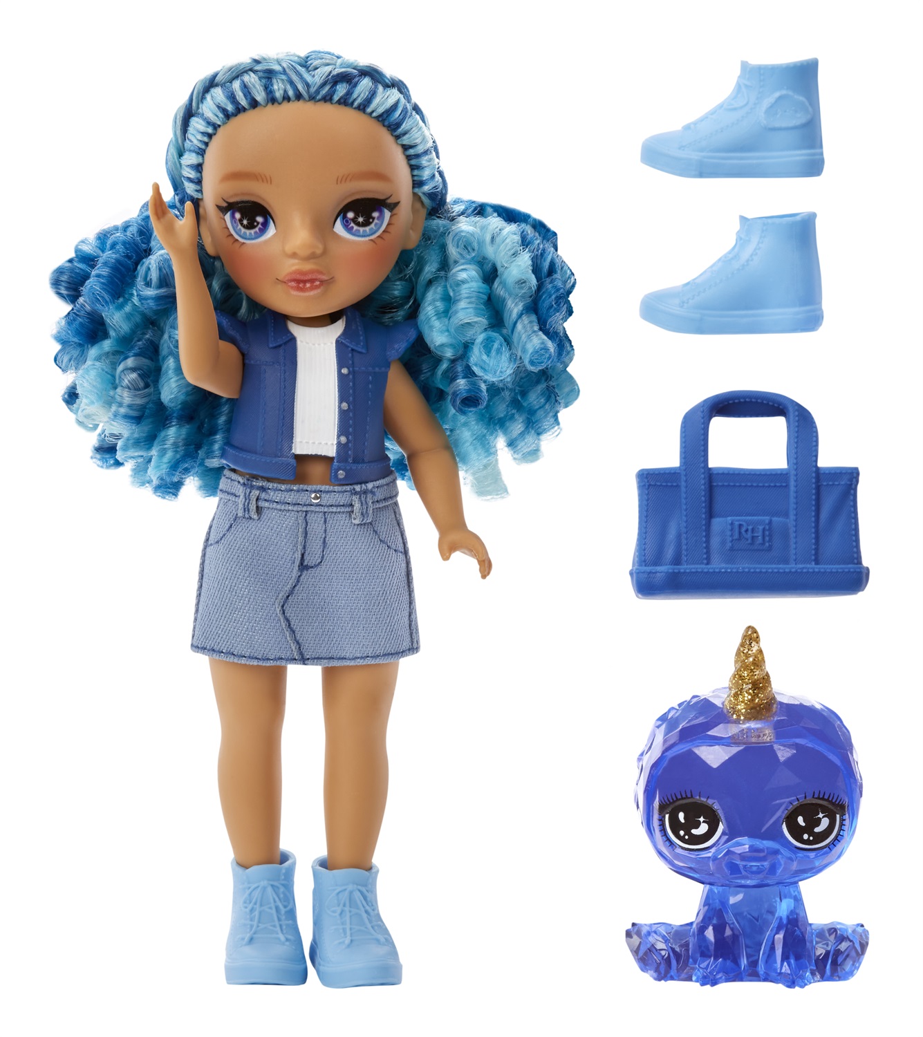 Rainbow High Littles - Bambola Fashion Sapphire Bradshaw Blu 14 cm con Borsa e Animale Domestico Magico Yeti