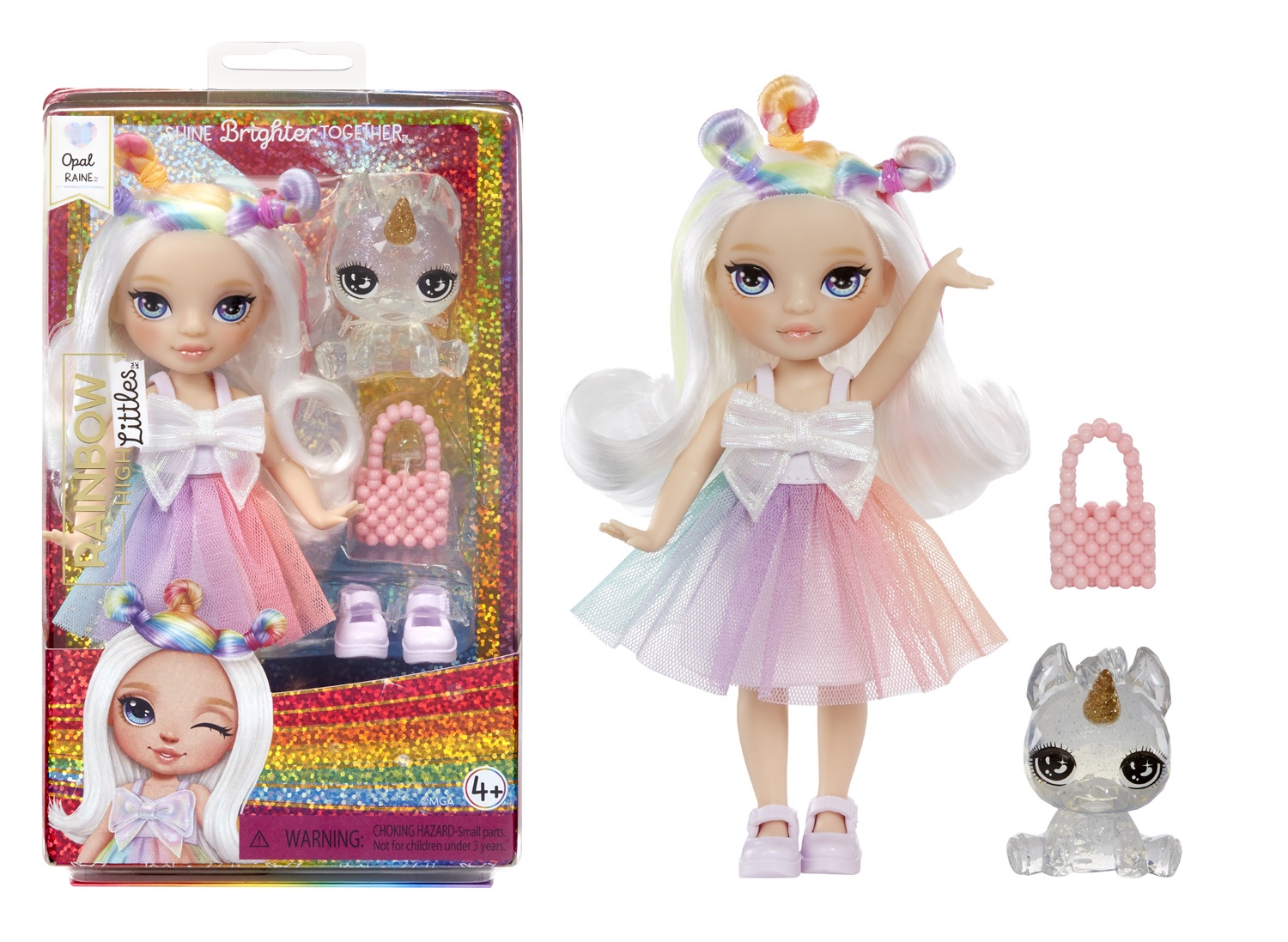 Rainbow High Littles - Opal Raine - Bambola fashion snodabile alta 14 cm con borsa, unicorno magico e animale domestico
