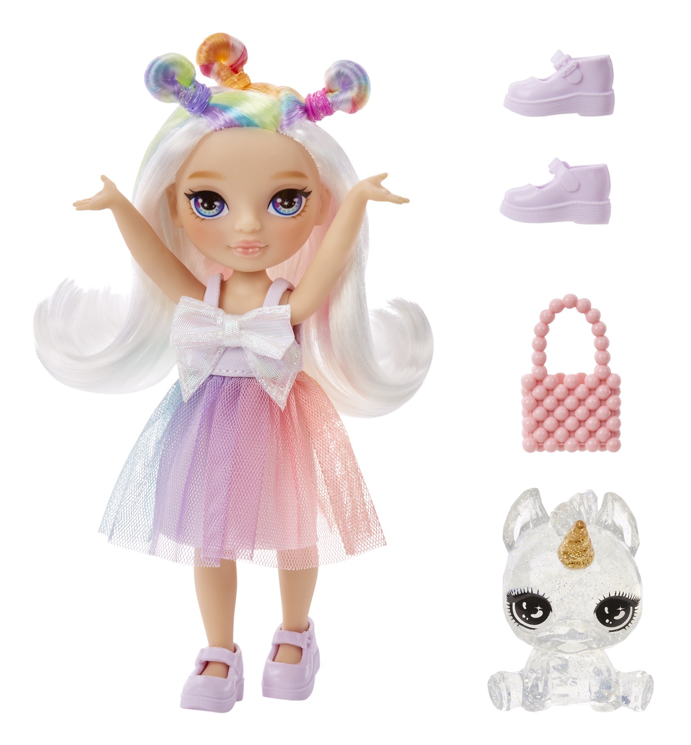 Rainbow High Littles - Opal Raine - Bambola fashion snodabile alta 14 cm con borsa, unicorno magico e animale domestico