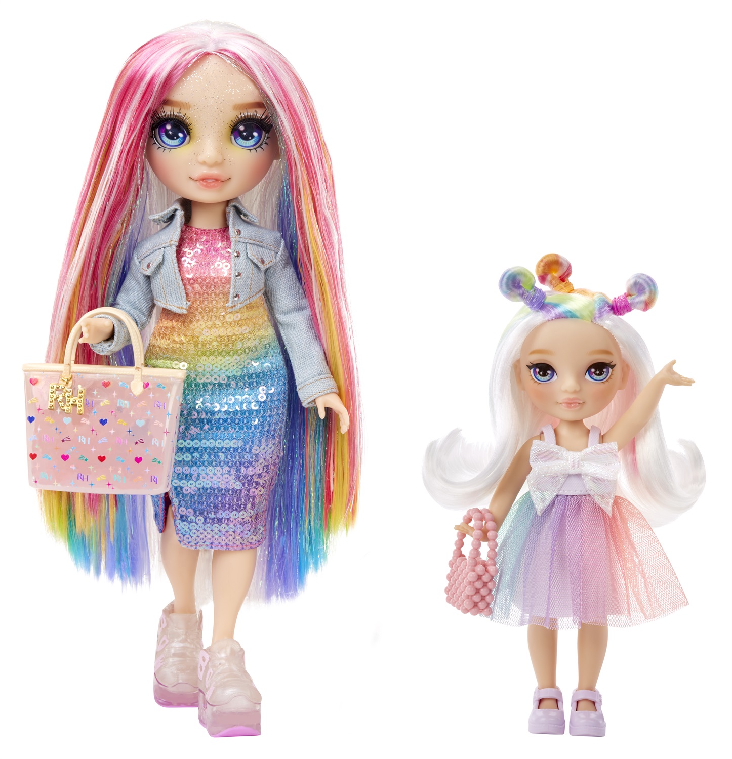 Rainbow High Littles - Opal Raine - Bambola fashion snodabile alta 14 cm con borsa, unicorno magico e animale domestico