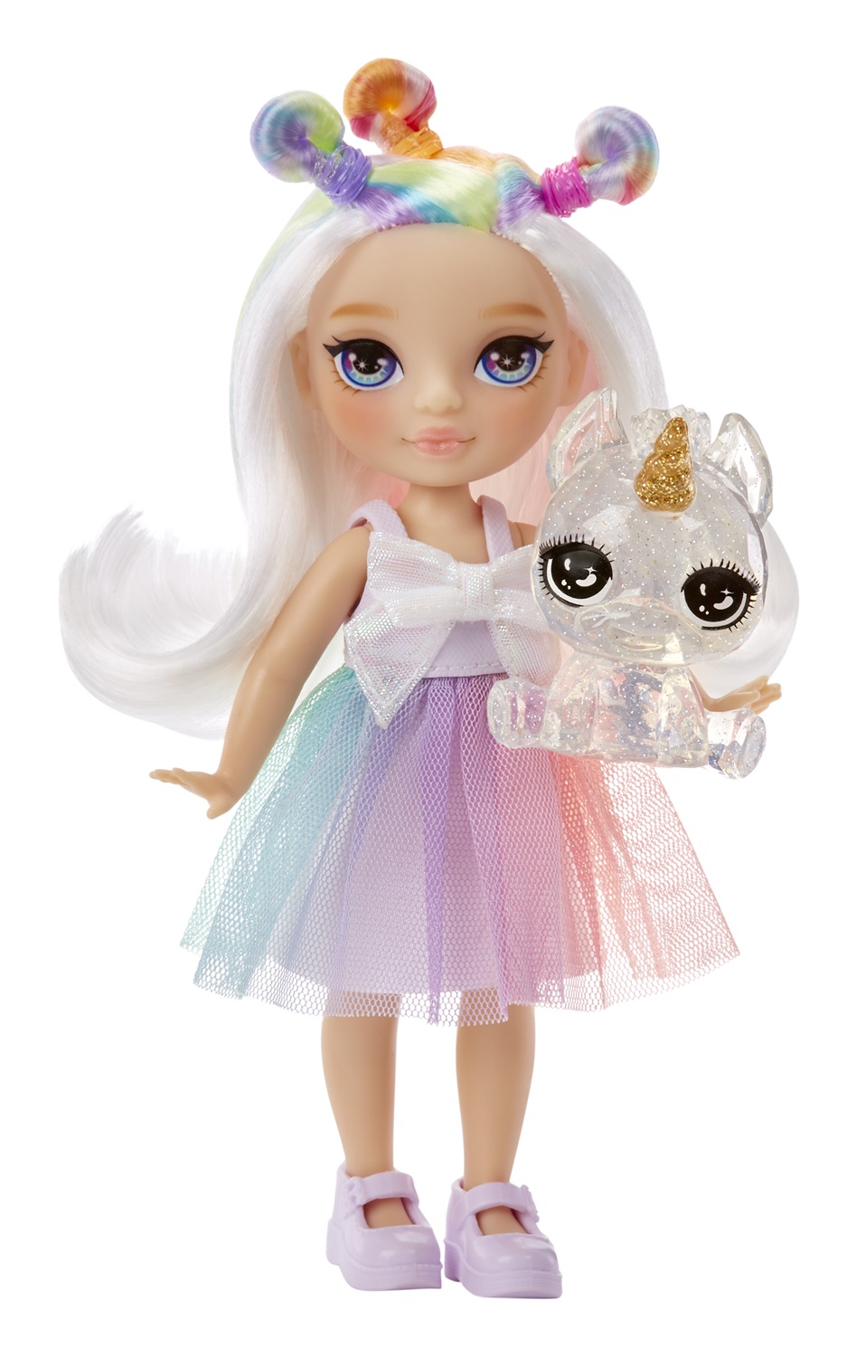 Rainbow High Littles - Opal Raine - Bambola fashion snodabile alta 14 cm con borsa, unicorno magico e animale domestico