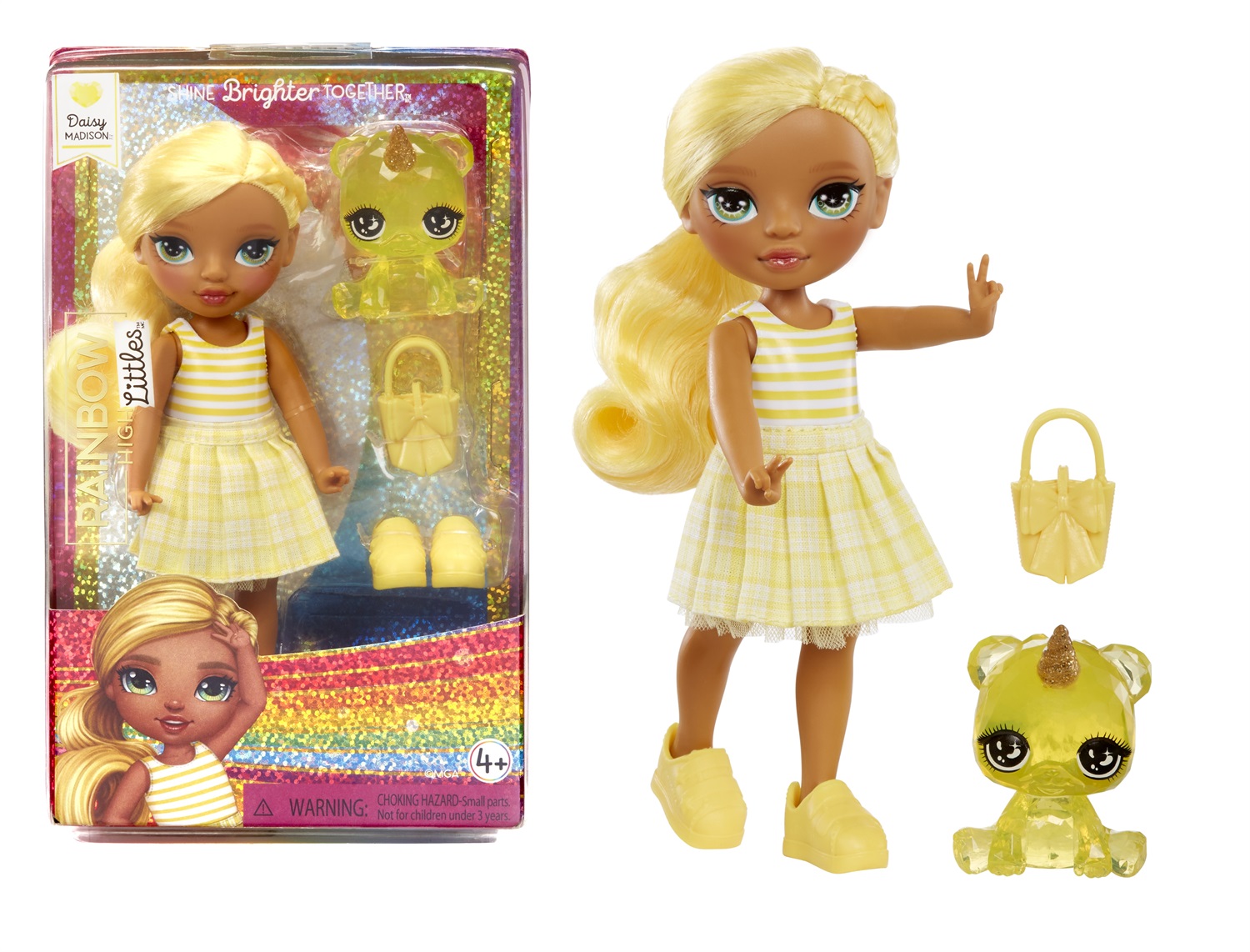 Rainbow High Littles Dolls - Daisy (Gialla) con Animale Domestico, 15cm, Abiti Coordinati e Capelli Pettinabili