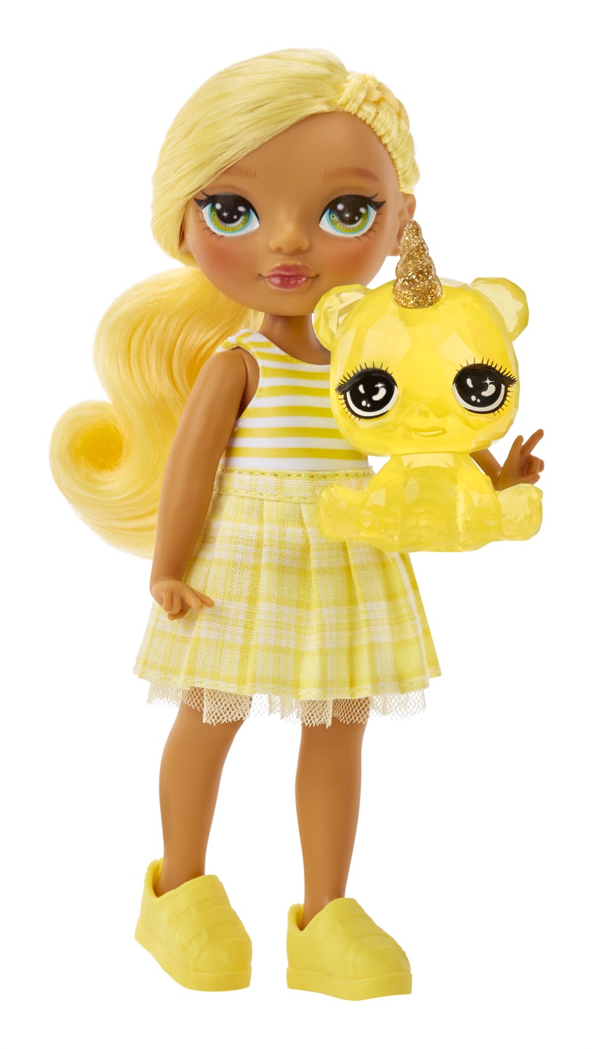 Rainbow High Littles Dolls - Daisy (Gialla) con Animale Domestico, 15cm, Abiti Coordinati e Capelli Pettinabili