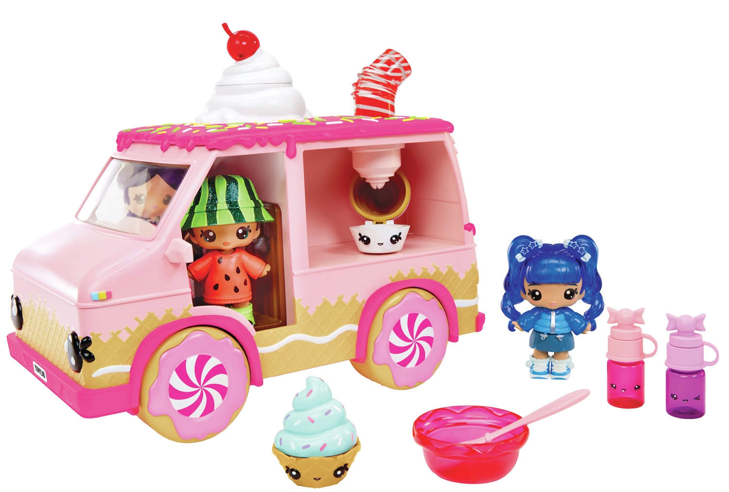 MGA Entertainment Yummiland Lipgloss Truck - Lucidalabbra per Bambini con 2 Num Noms e Kit per Creazione di Gusti Cioccolato e Torta di Compleanno, Età 4