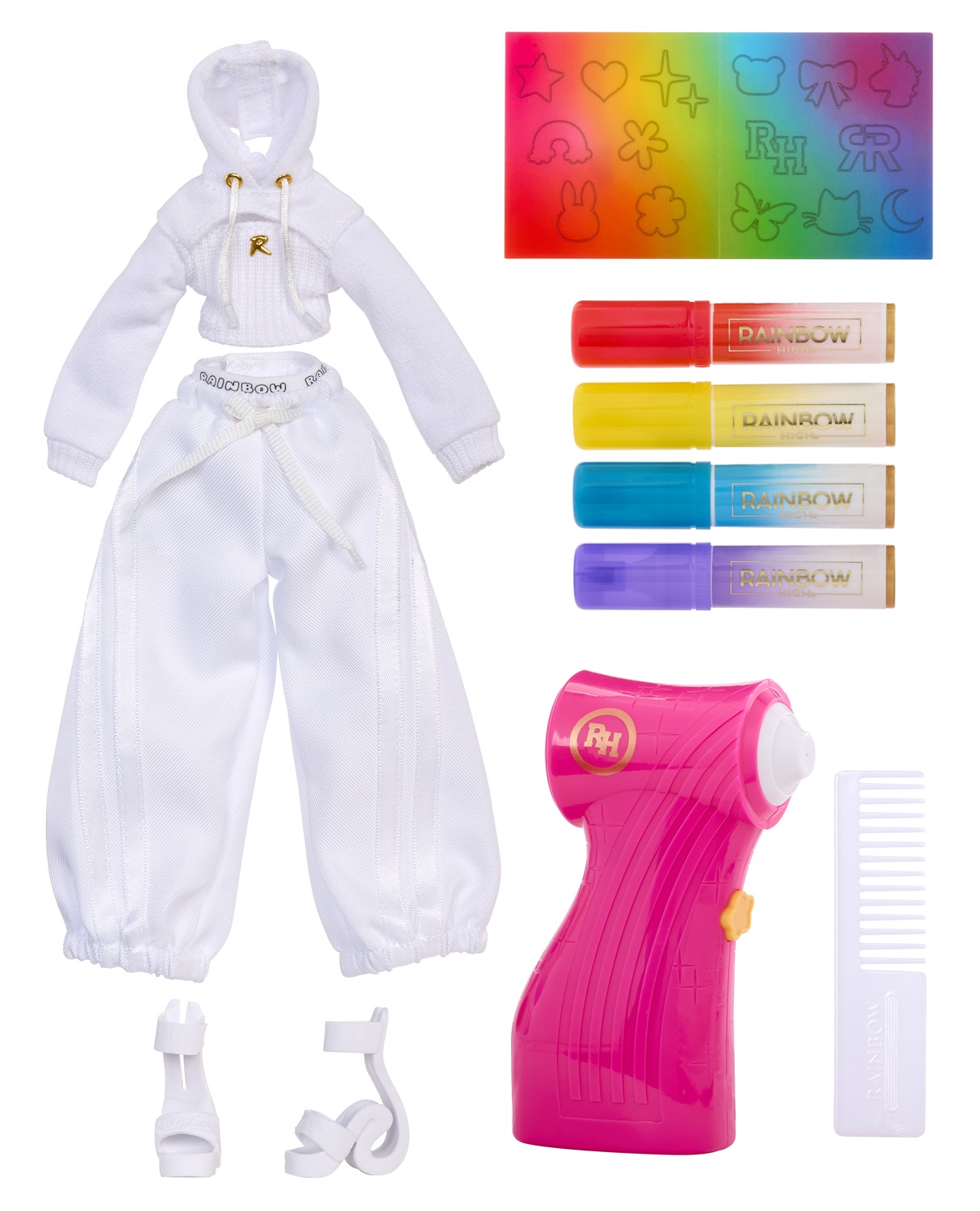 MGA Rainbow High Airbrush & Create - Bambola Fai da Te con Kit Aerografo, Pennarelli Lavabili, Capelli Lunghi e Occhi Verdi